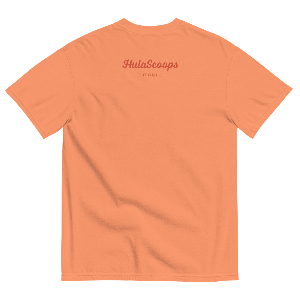 The back of a faded orange short sleeve t-shirt printed with the HulaScoops logotype and “Maui” at a discrete size between the shoulder blades in a darker orange type.