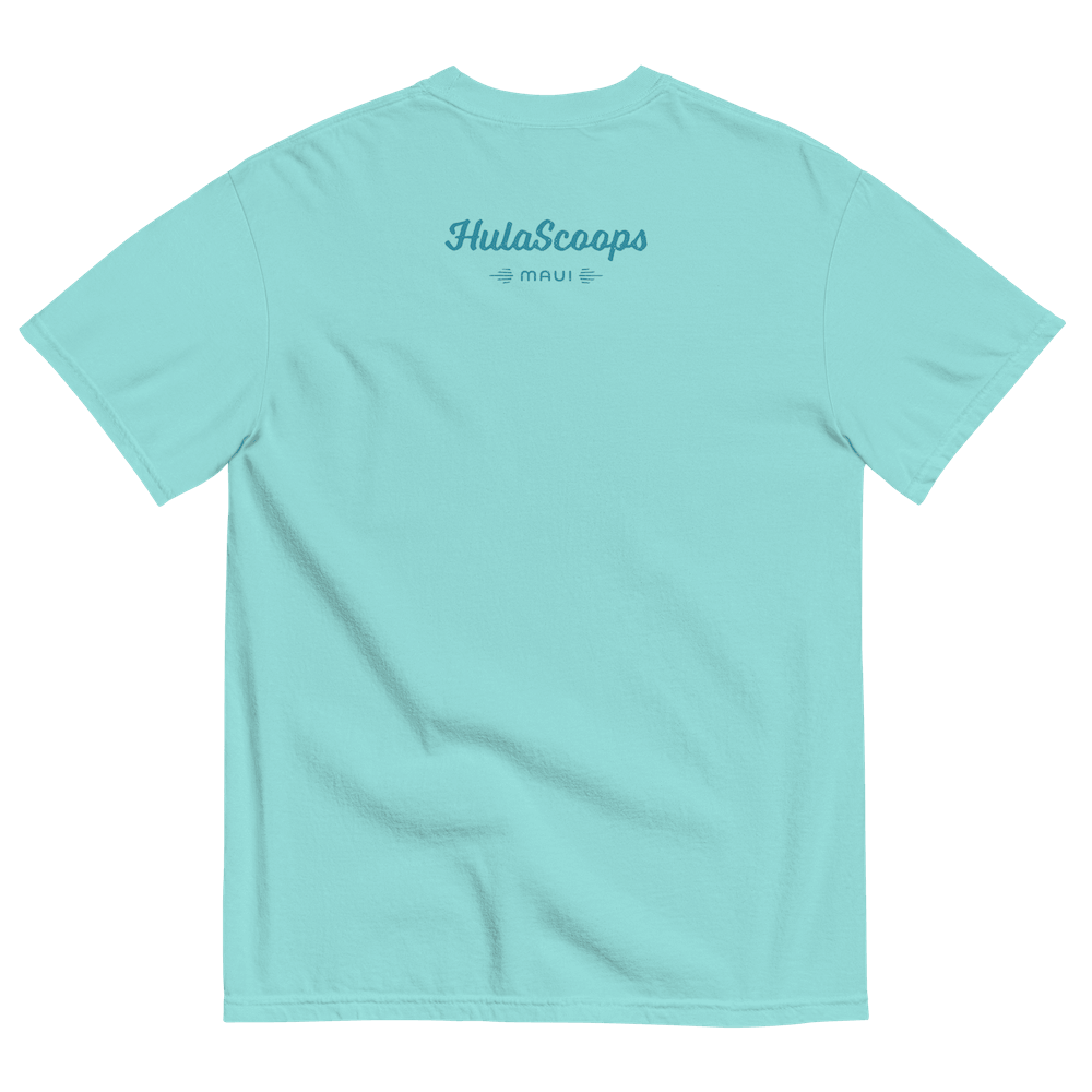 The back of a turquoise blue short sleeve t-shirt printed with the HulaScoops logotype and “Maui” at a discrete size between the shoulder blades in a darker blue type.