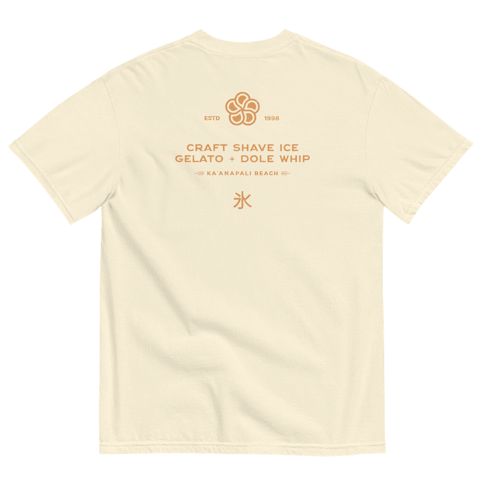 The back of a pale vanilla t-shirt with the HulaScoops flower mark above the text “Craft Shave Ice, Gelato and Dole Whip” and the Japanese symbol for kakigori all printed in a darker caramel color.