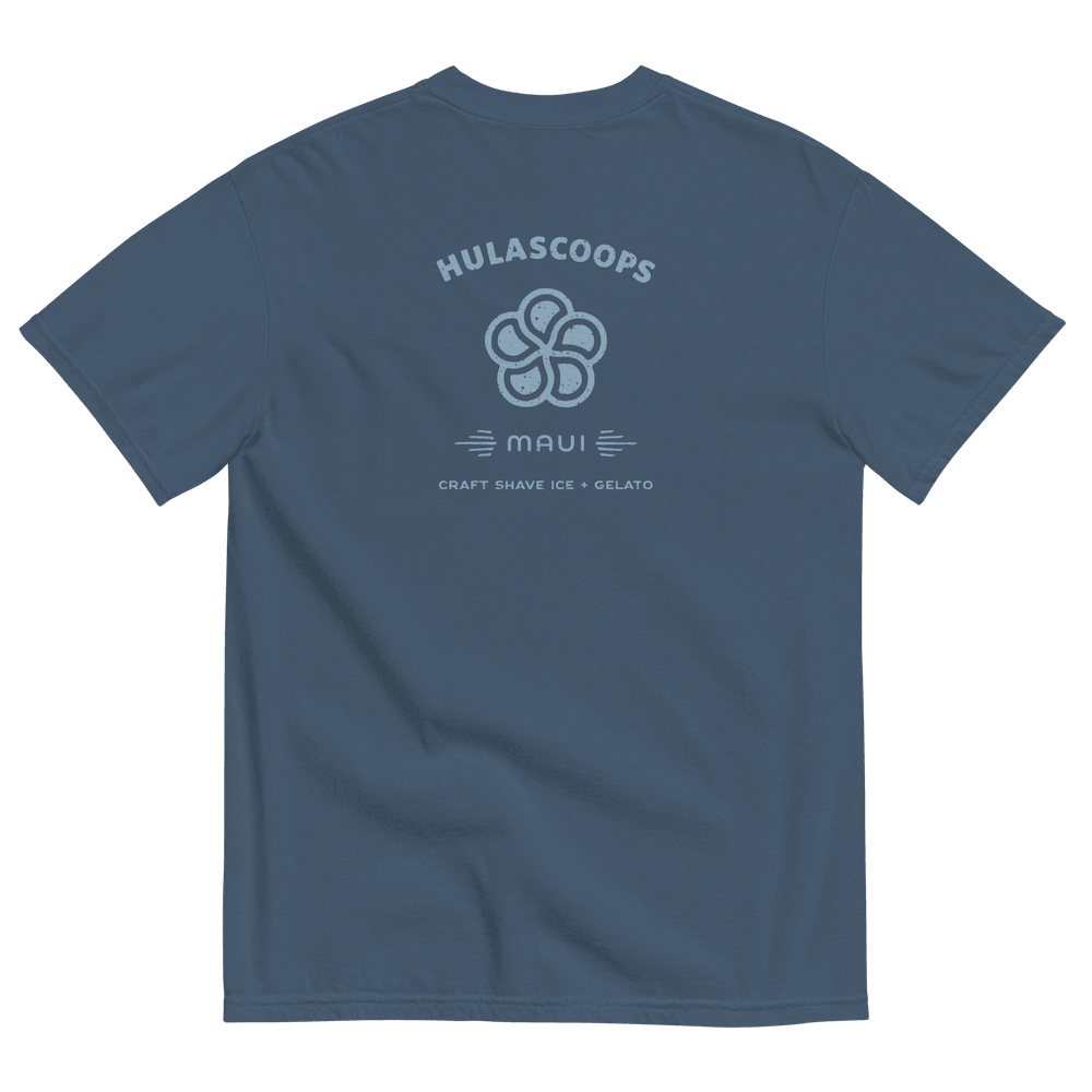 The back of a faded navy blue teeshirt printed with the HulaScoops name, flower mark, and “Maui” above the text “Craft Shave Ice and Gelato)” in light blue type.