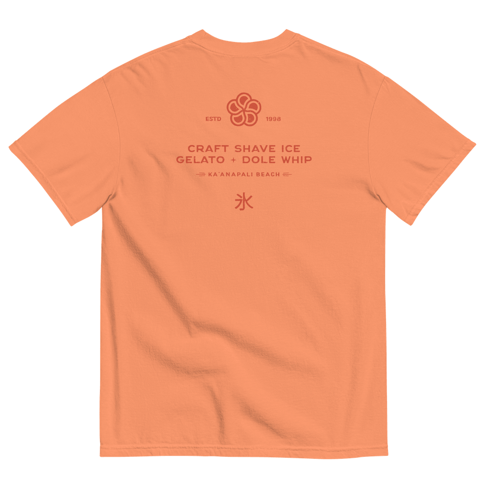 The back of a faded orange t-shirt with the HulaScoops flower mark above the text “Craft Shave Ice, Gelato and Dole Whip” and the Japanese symbol for kakigori all printed in a deeper orange color.