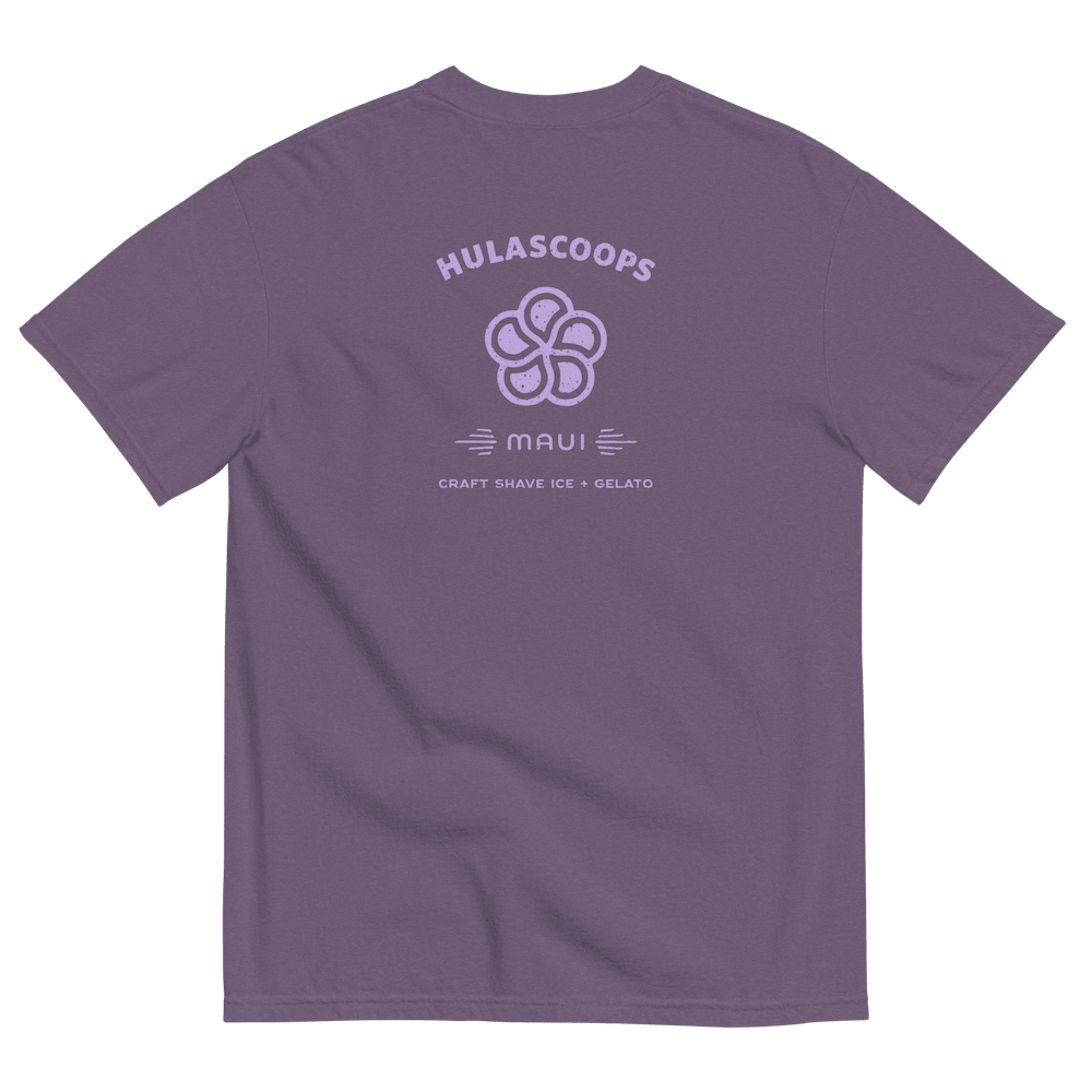 The back of a deep and faded purple teeshirt with the HulaScoops name and mark above the word “Maui” and the phrase “Craft Shave Ice and Gelato” in lighter purple lettering.