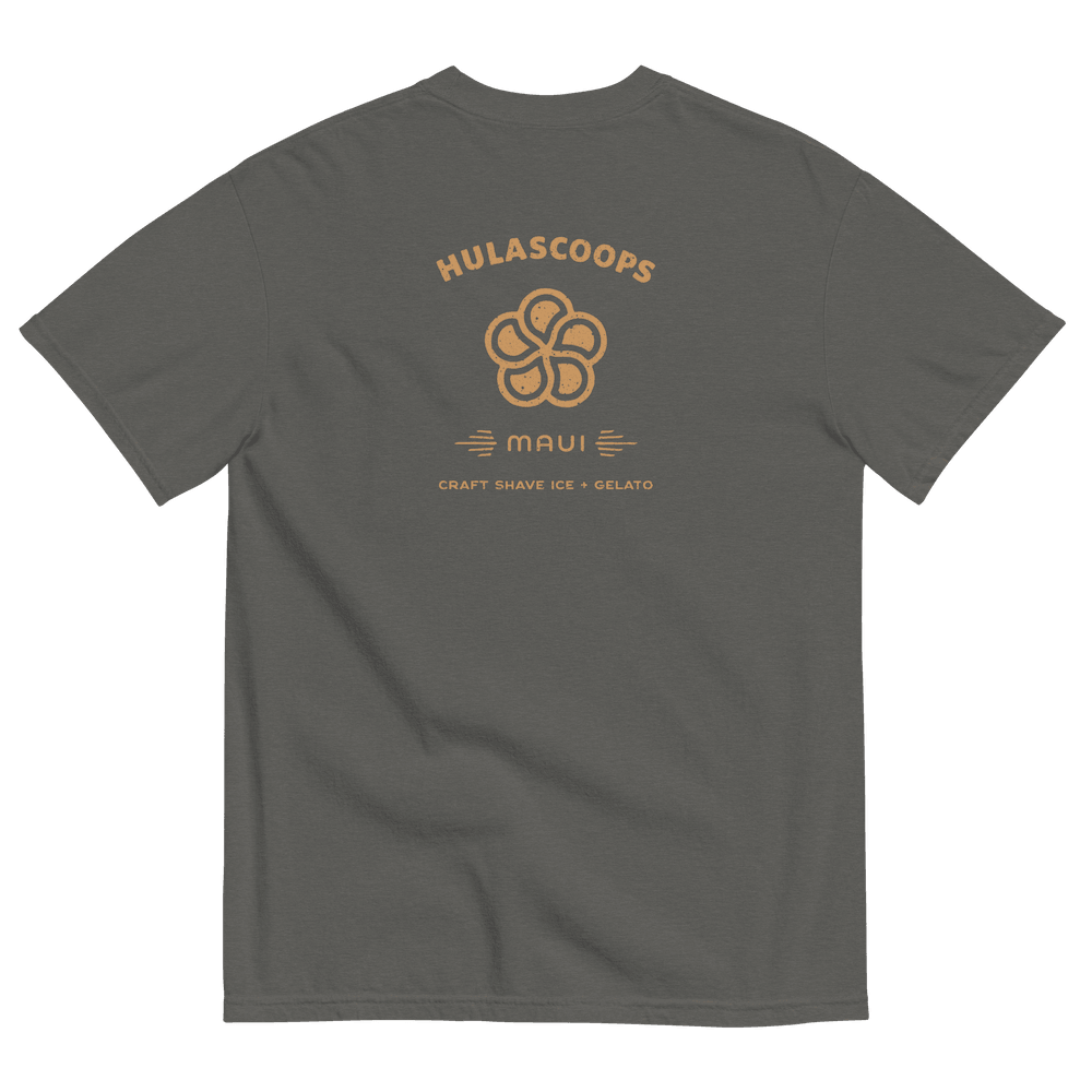 The back of a coffee brown teeshirt printed with the HulaScoops name, flower mark, and “Maui” above the text “Craft Shave Ice and Gelato)” in honey gold type.
