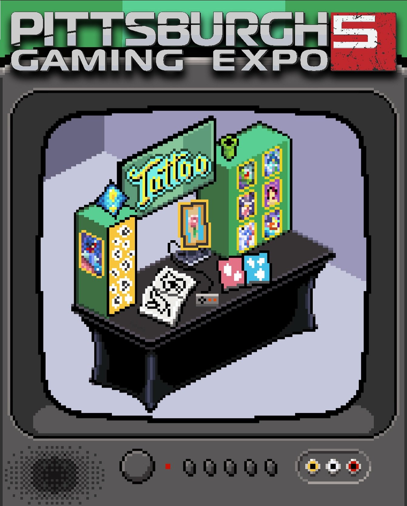 Pixel Preview ▪️ Sneak peek of my table at my booth. 🎮 1 month until Pittsburgh Gaming Expo 👾
@pghgamingexpo 
Pixel Art made by me
.
.
#tattoo #videogame #pixel #pixelart #videogameconvention #videogametattoo #tattoobooth #retrogaming #pgx2025