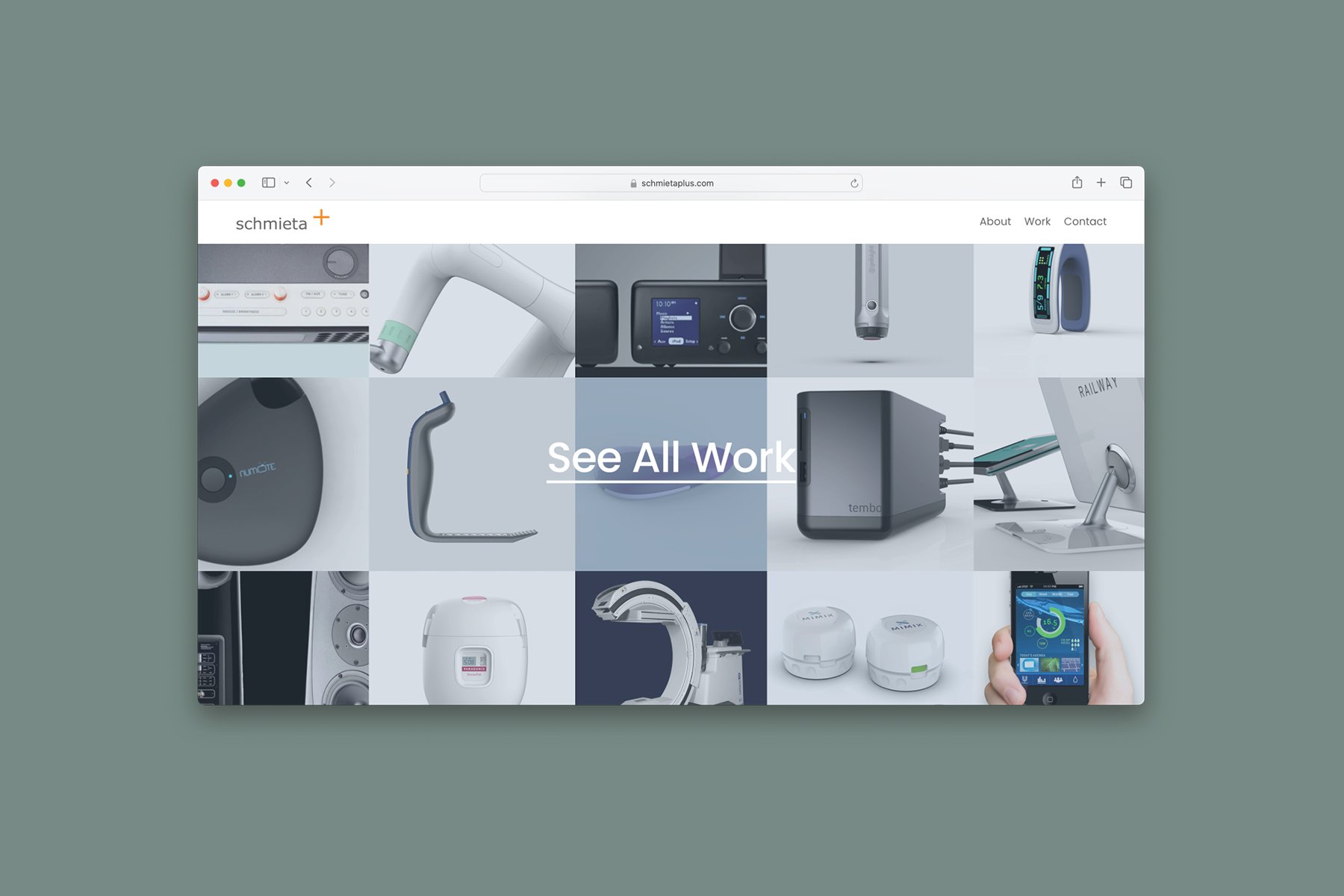 A webpage showcasing various medical and health-related devices arranged in a grid with the text 'See All Work' in the center.