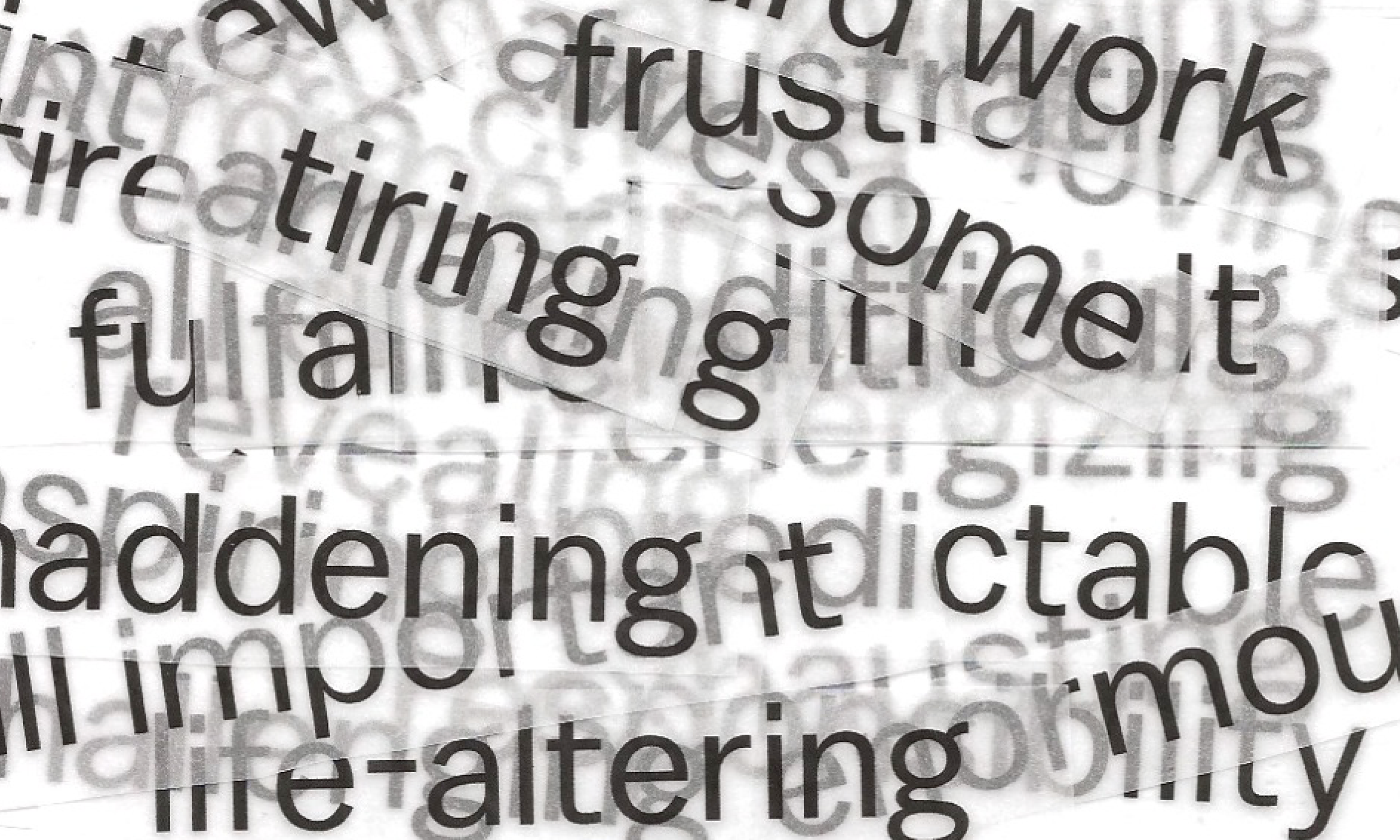 Overlapping words in black text on a white background, including words like 'tiring', 'predictable', 'awesome' and 'life-altering.'