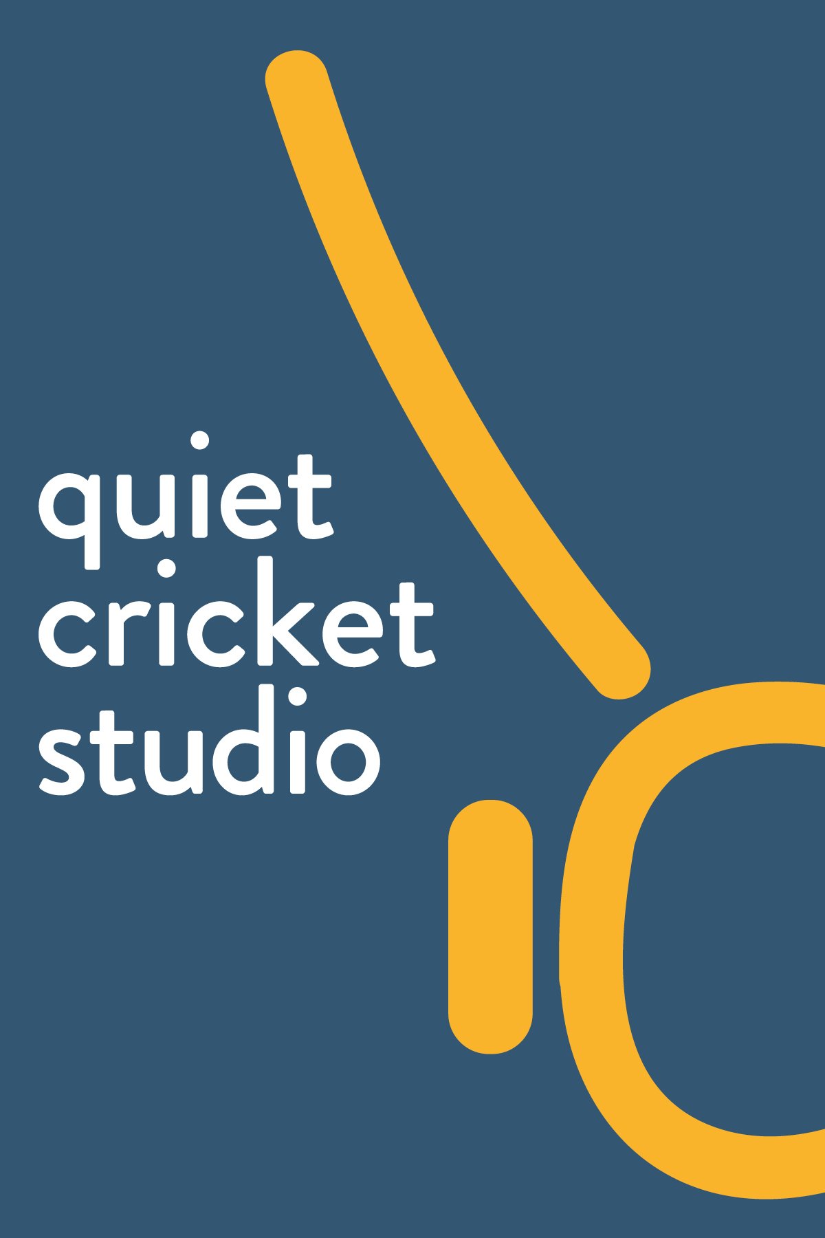 A logo for 'Quiet Cricket Studio' with yellow stylized cricket shapes on a dark blue background.