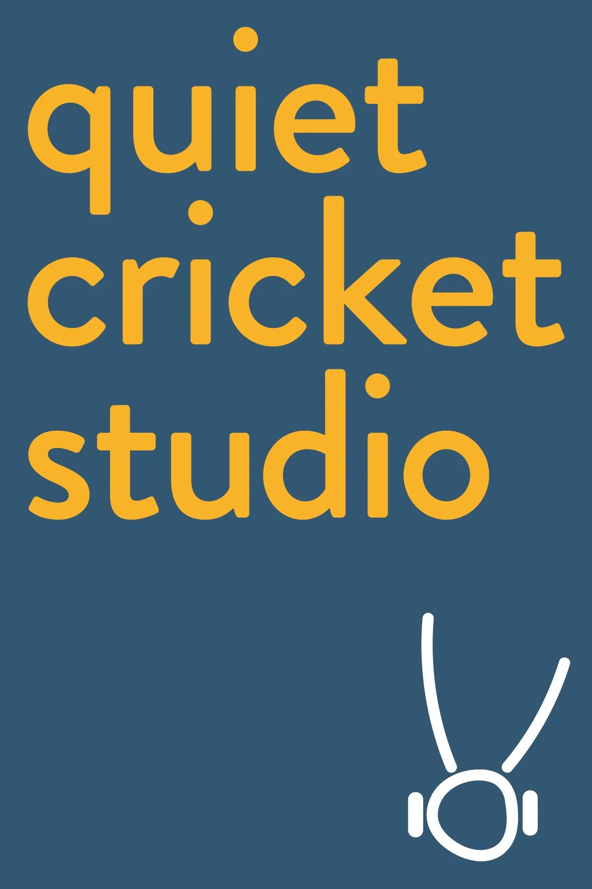 A graphic with the text 'quiet cricket studio' in large yellow letters on a dark blue background, with a simple white line drawing of a cricket at the bottom right corner.