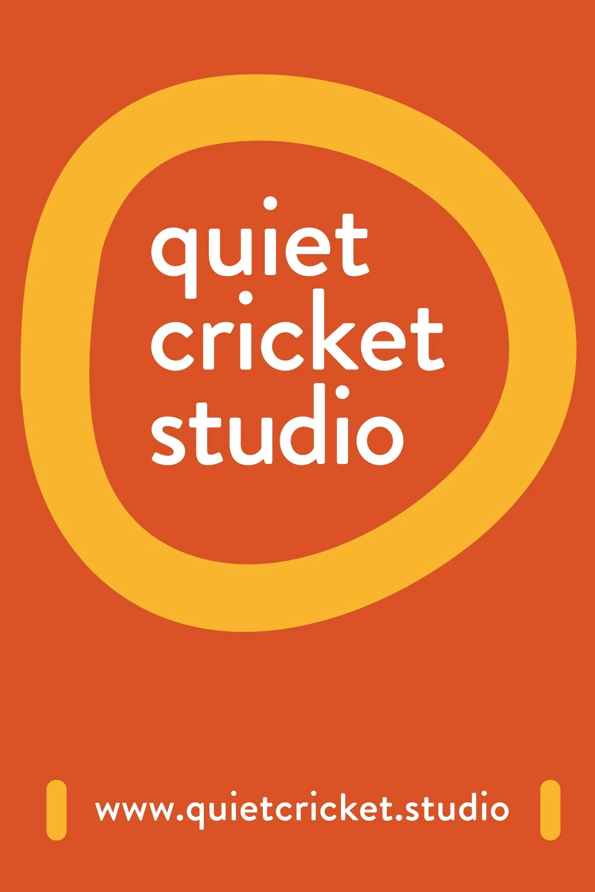 Logo for Quiet Cricket Studio with a yellow circle on an orange background and the website URL at the bottom.
