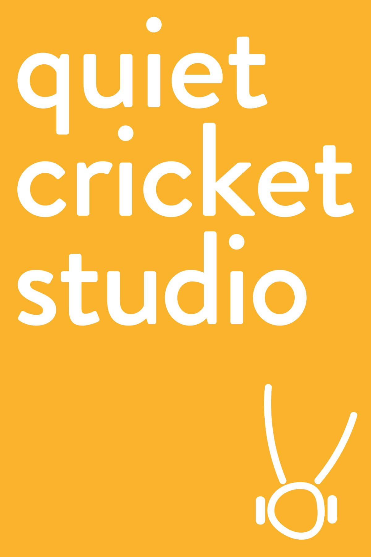 Orange square with white text that says 'quiet cricket studio' and a simple white line drawing of a person wearing a headset at the bottom right.
