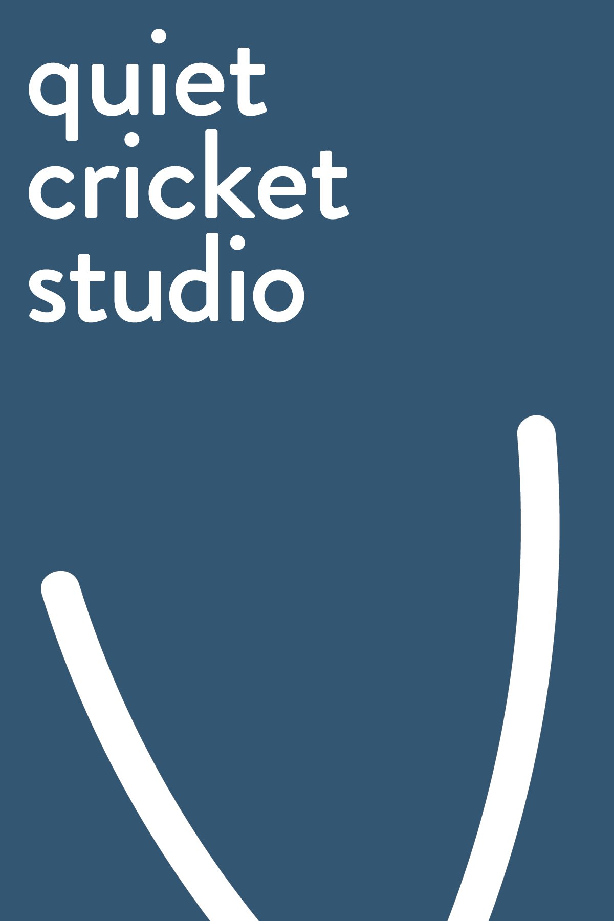 Logo of Quiet Cricket Studio with stylized cricket antenna illustration on a dark blue background.