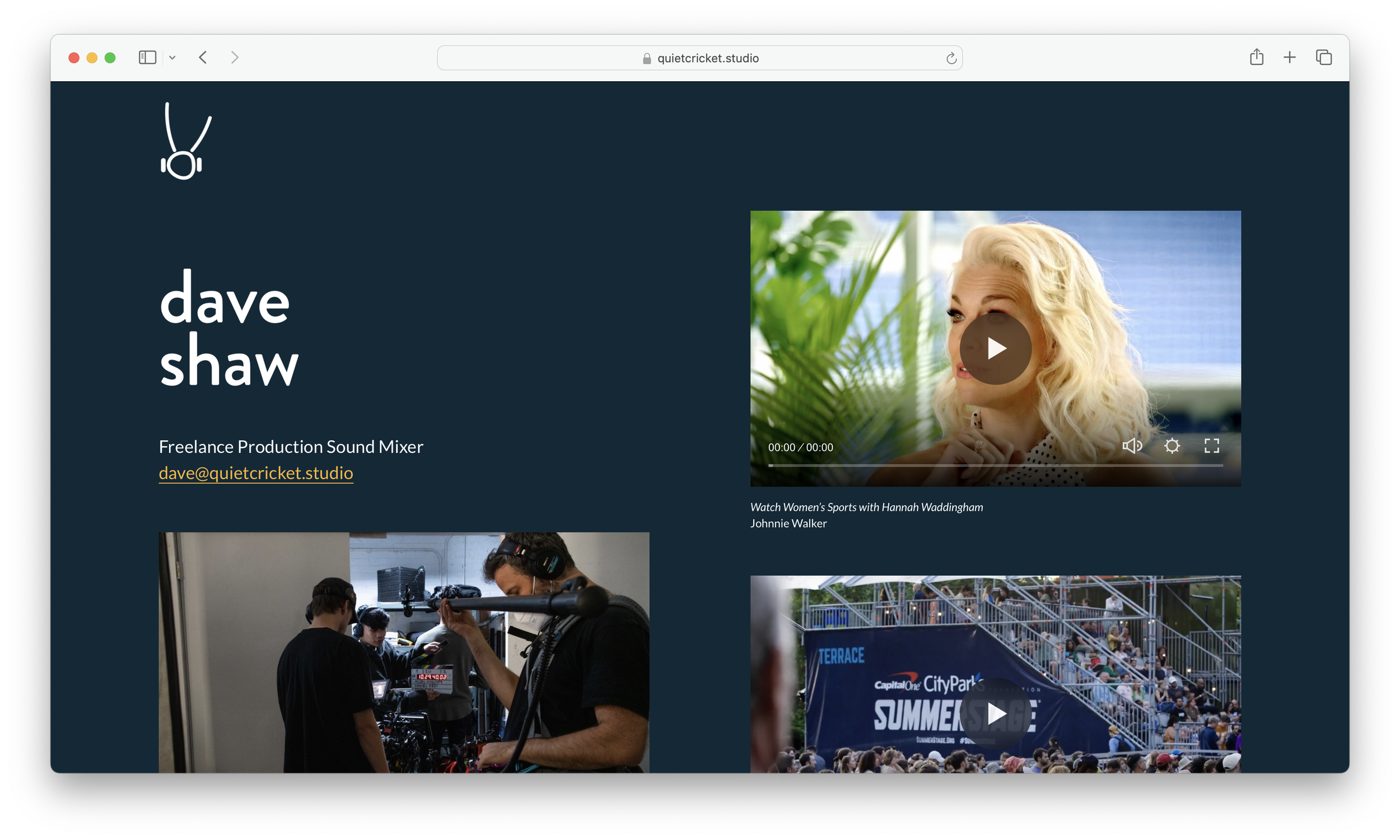 Screenshot of a webpage for Dave Shaw, a freelance sound mixer. The page features a photo of a woman with blonde curly hair, a video thumbnail, a photo of a film crew, and a review of a summer event at a city park.