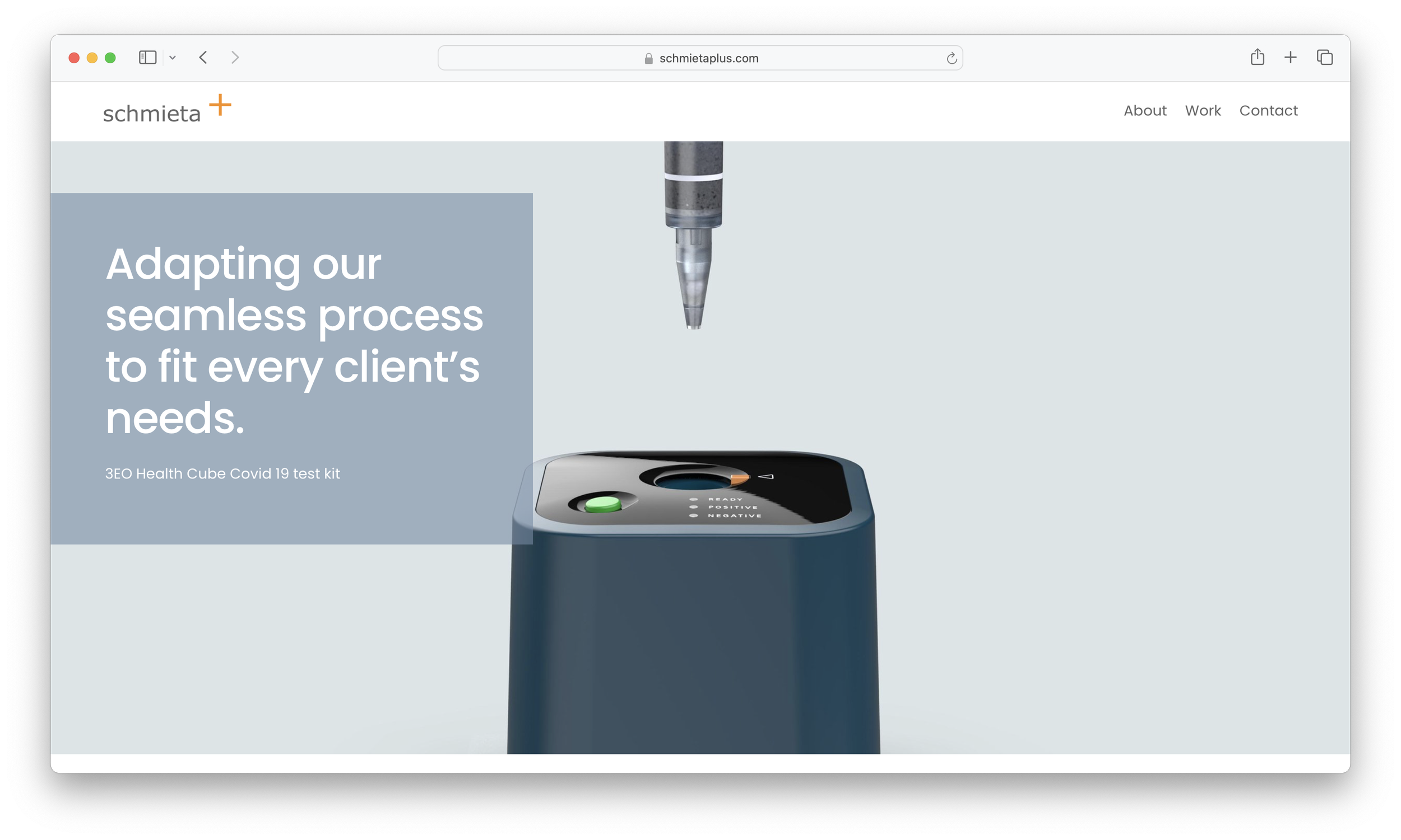 Screenshot of a webpage featuring a medical device, specifically a COVID-19 test kit, with a close-up of the test device and text promoting a seamless process for clients.
