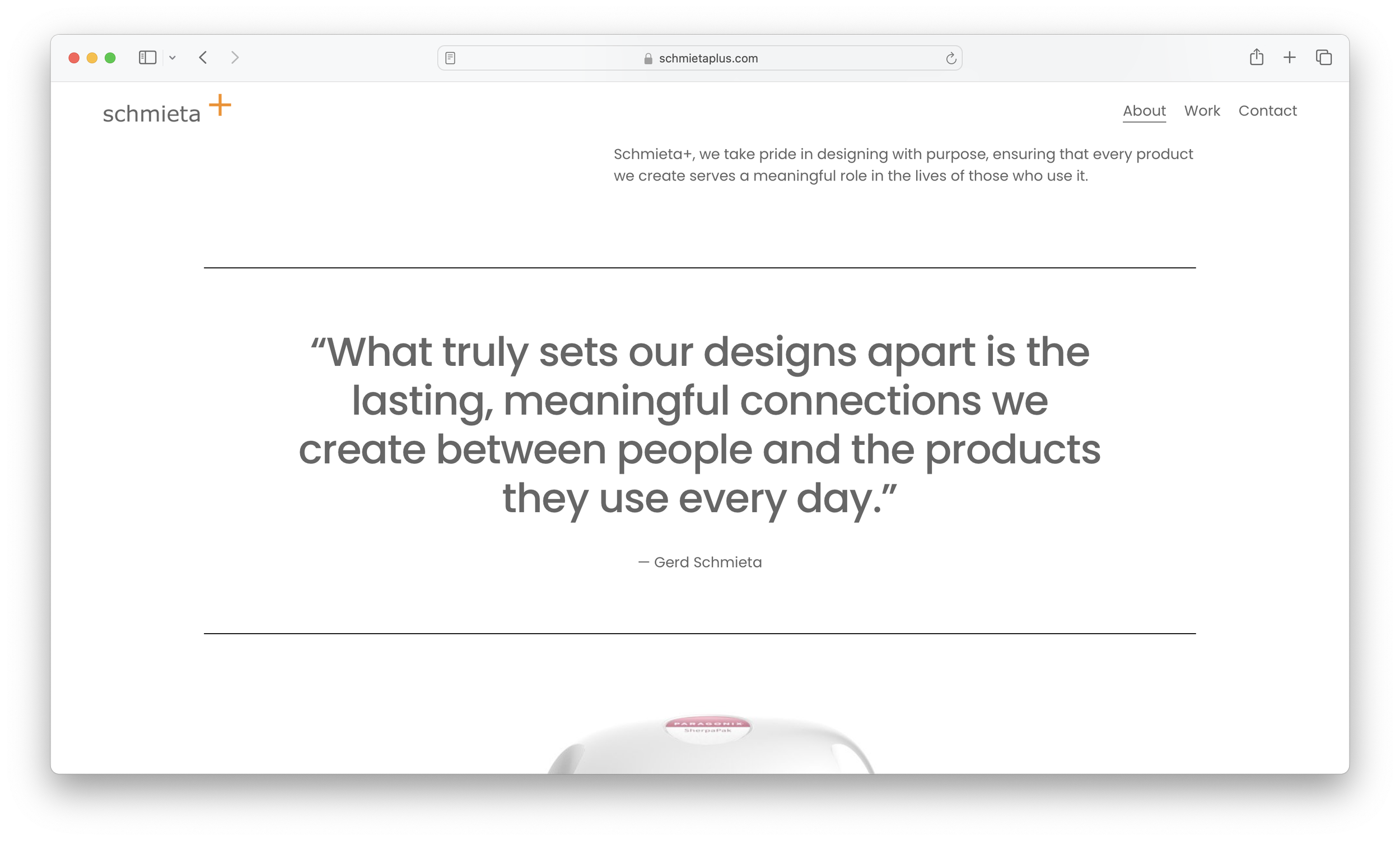 Screenshot of a webpage for Schmieta+ with a quote about design, navigation menu, and part of a product image at the bottom.