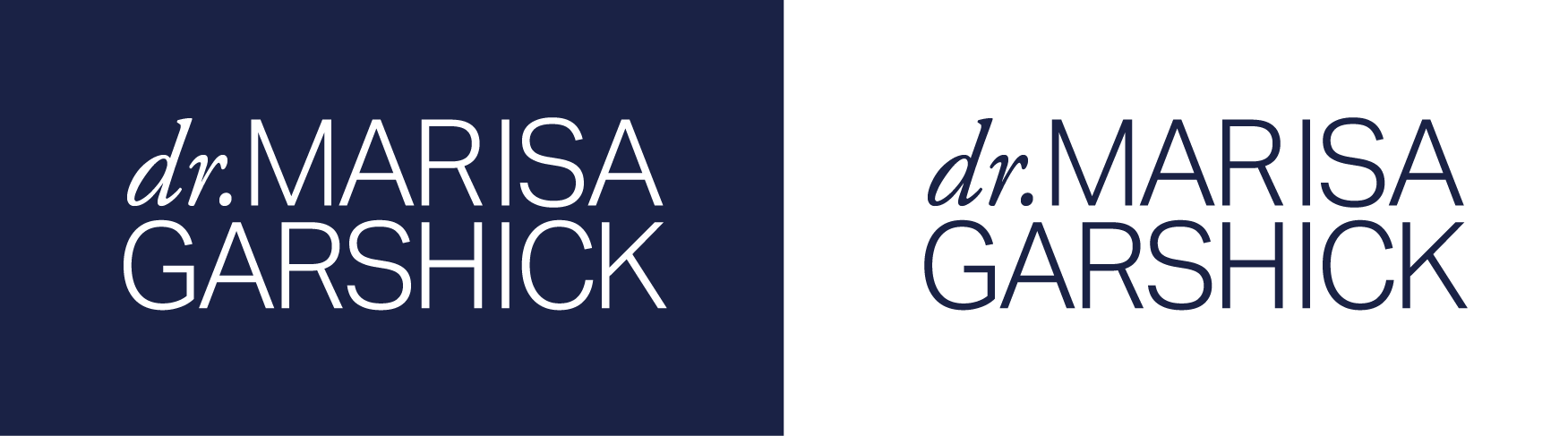 Comparison of logo designs for Dr. Marisa Garshick, one with white text on dark blue background, and the other with dark blue text on black background.