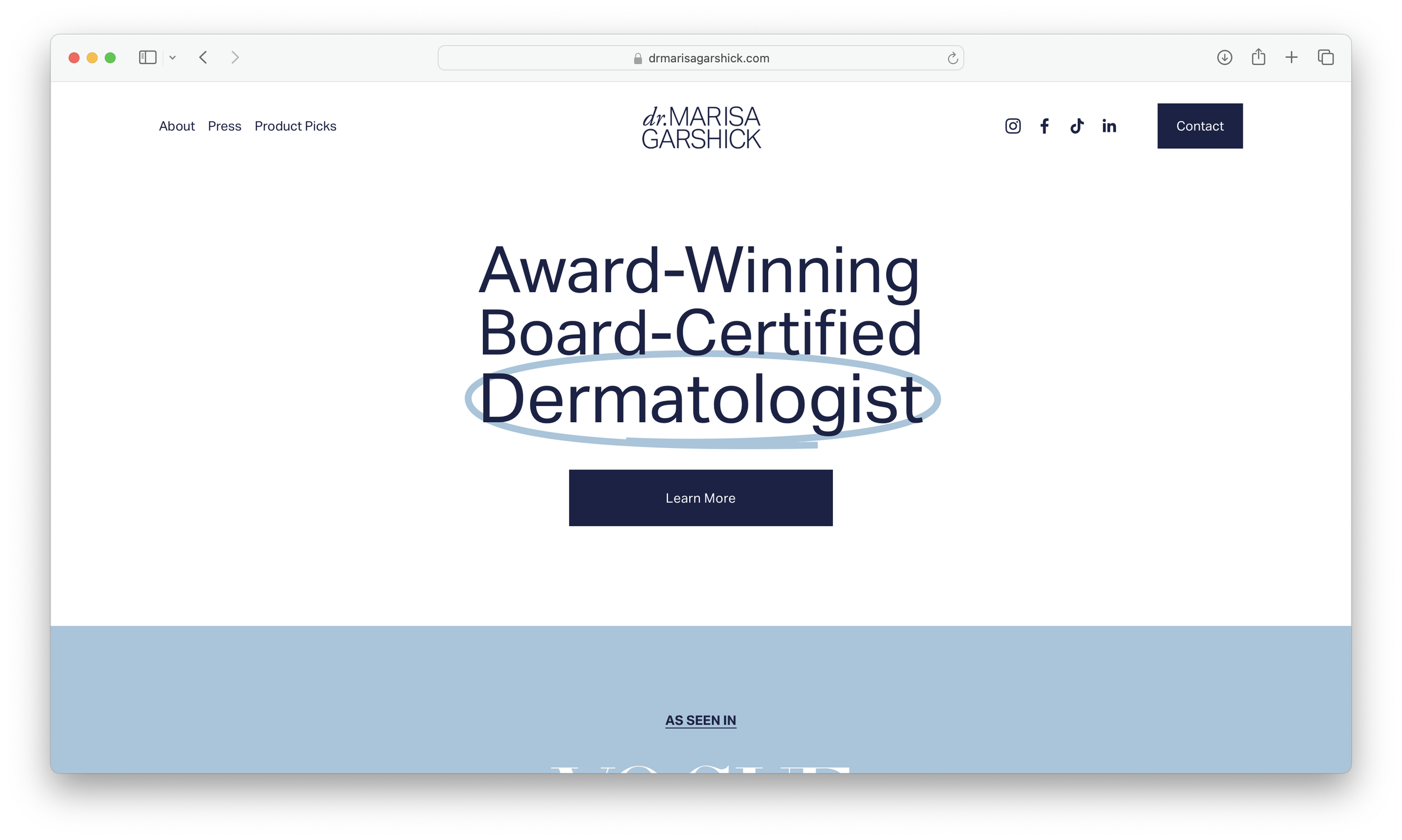 Screenshot of Dr. Marisa Garshick's website homepage, featuring her name, social media icons, a contact button, and a headline stating "Award-Winning Board-Certified Dermatologist".