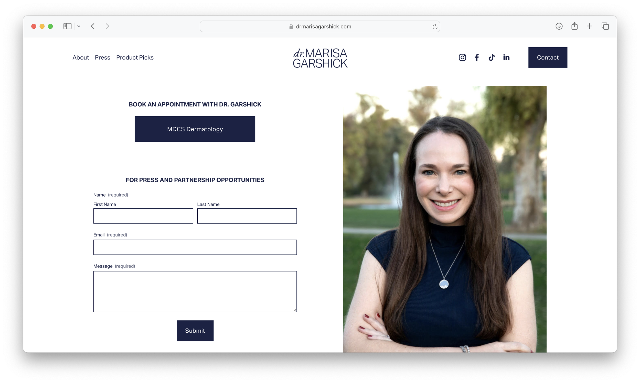 Screenshot of Dr. Marisa Garshick's website featuring a contact form and a photo of a woman with long brown hair smiling outdoors.