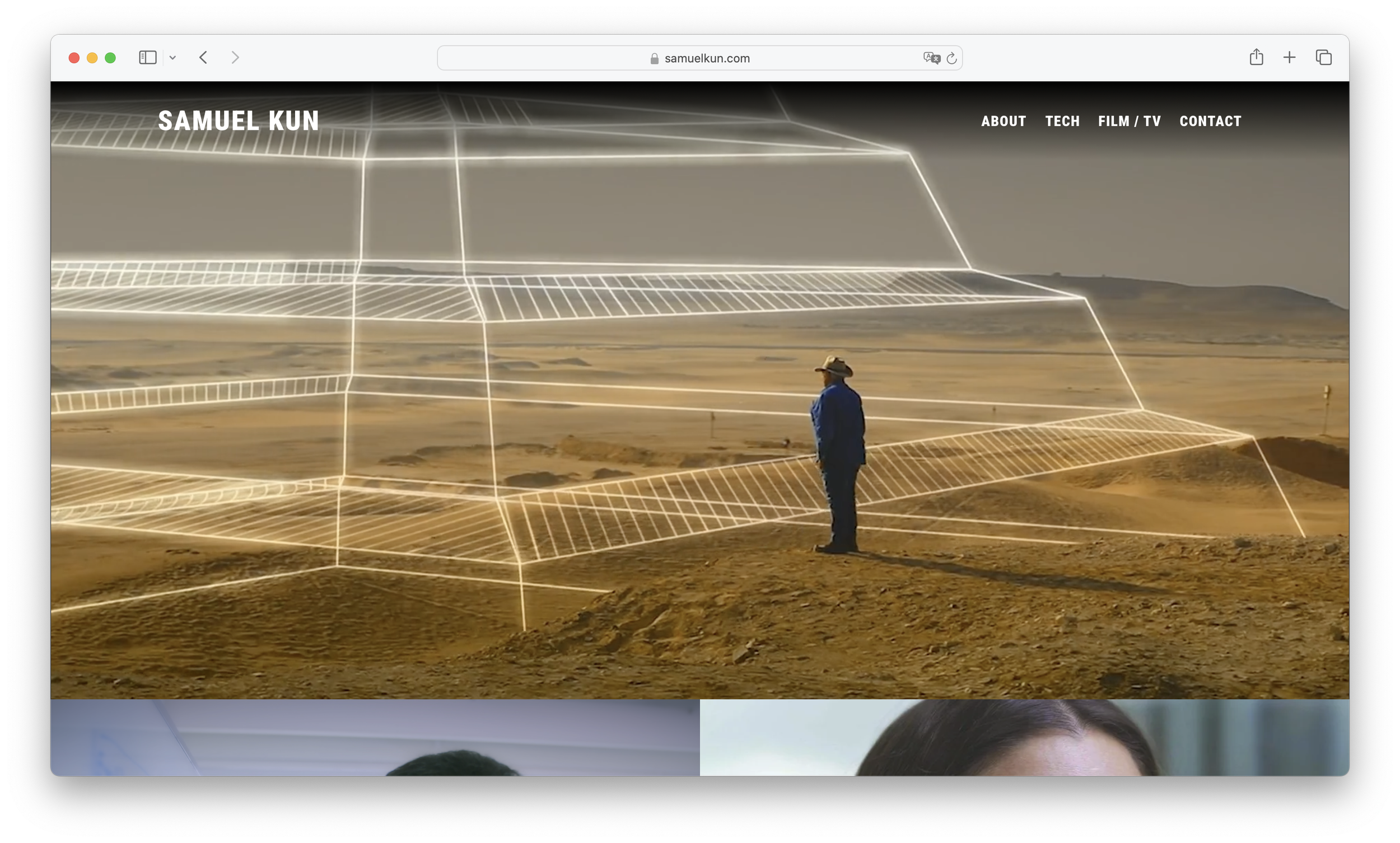 Screenshot of the homepage for Samuel Kun's website with an image of a man wearing a cowboy hat and blue shirt standing on a dirt hill in a desert landscape with digital wireframe overlay of a large, futuristic structure.