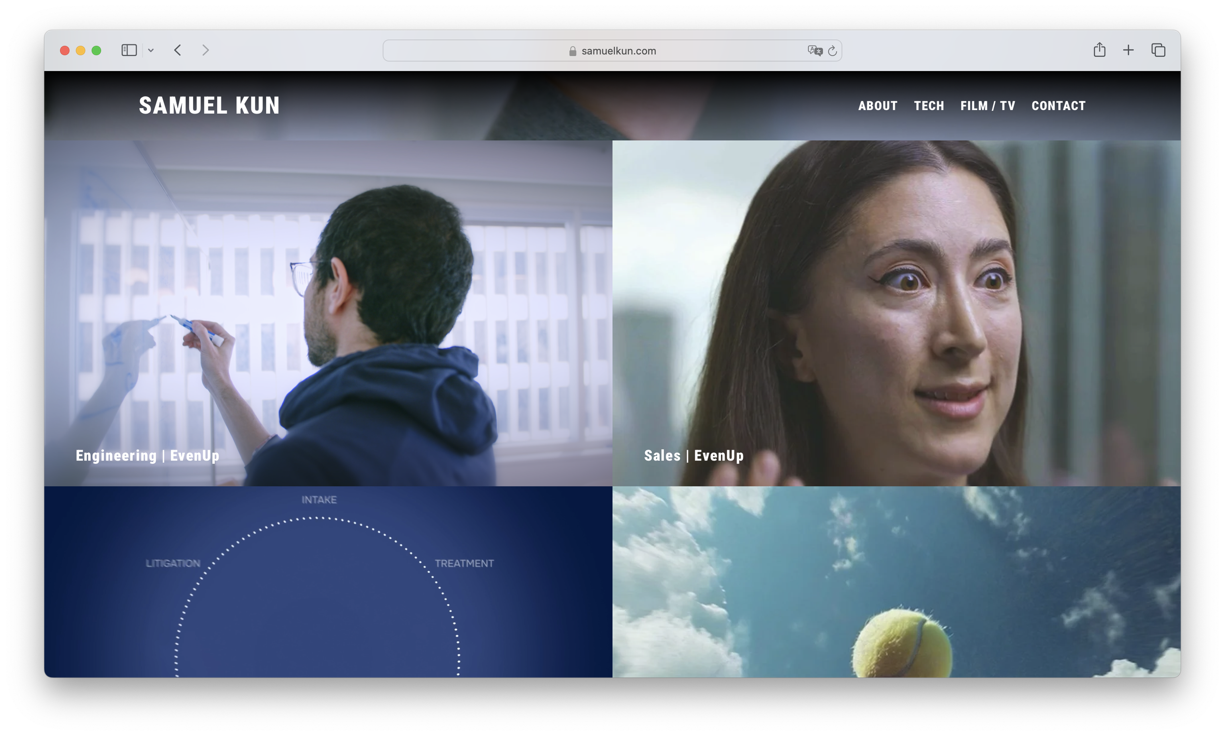 Screenshot of the homepage for Samuel Kun showing four sections. The top left shows a man drawing on a whiteboard, labeled 'Engineering | EvenUp.' The top right shows a woman speaking, labeled 'Sales | EvenUp.' Additional videos are featured below.