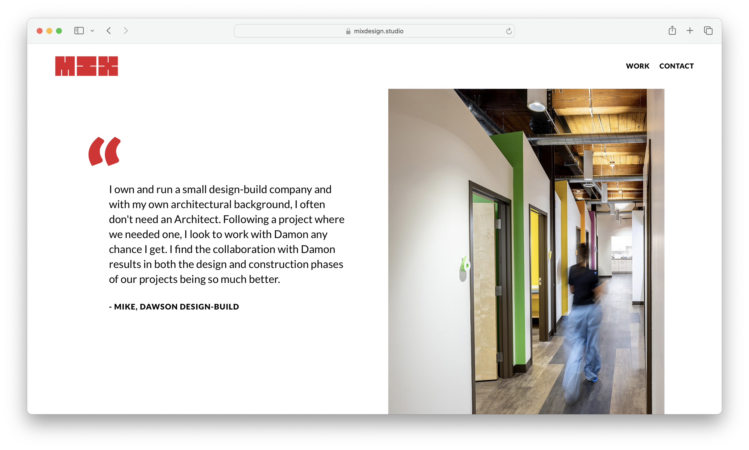 Screenshot of the homepage for Mix Design Studio with a quote on the left side about design and architecture and a photograph of a hallway with colorful door frames and a blurred person walking on the right side.