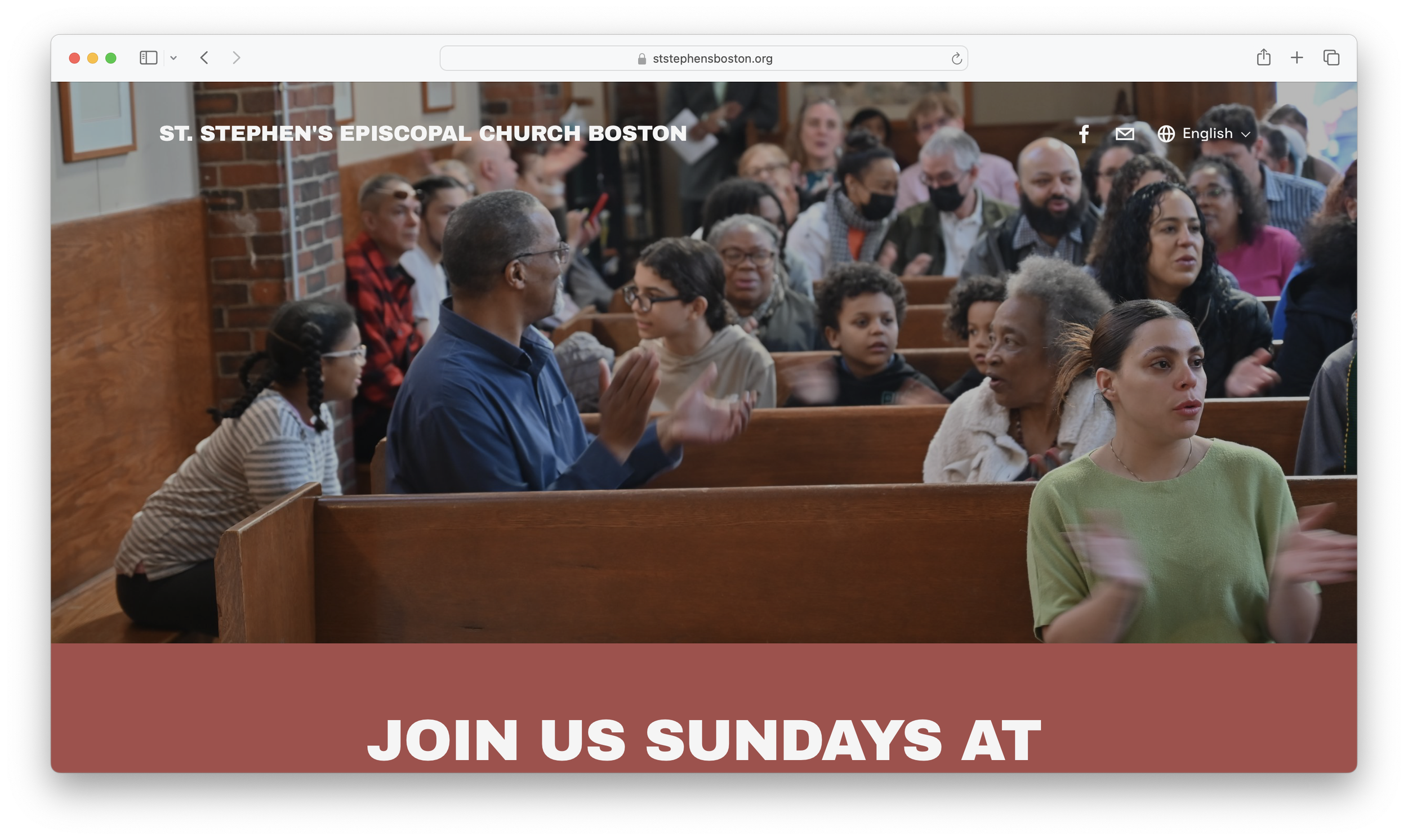 Screenshot of the homepage for St. Stephen's including an image of people sitting in pews attending a service.