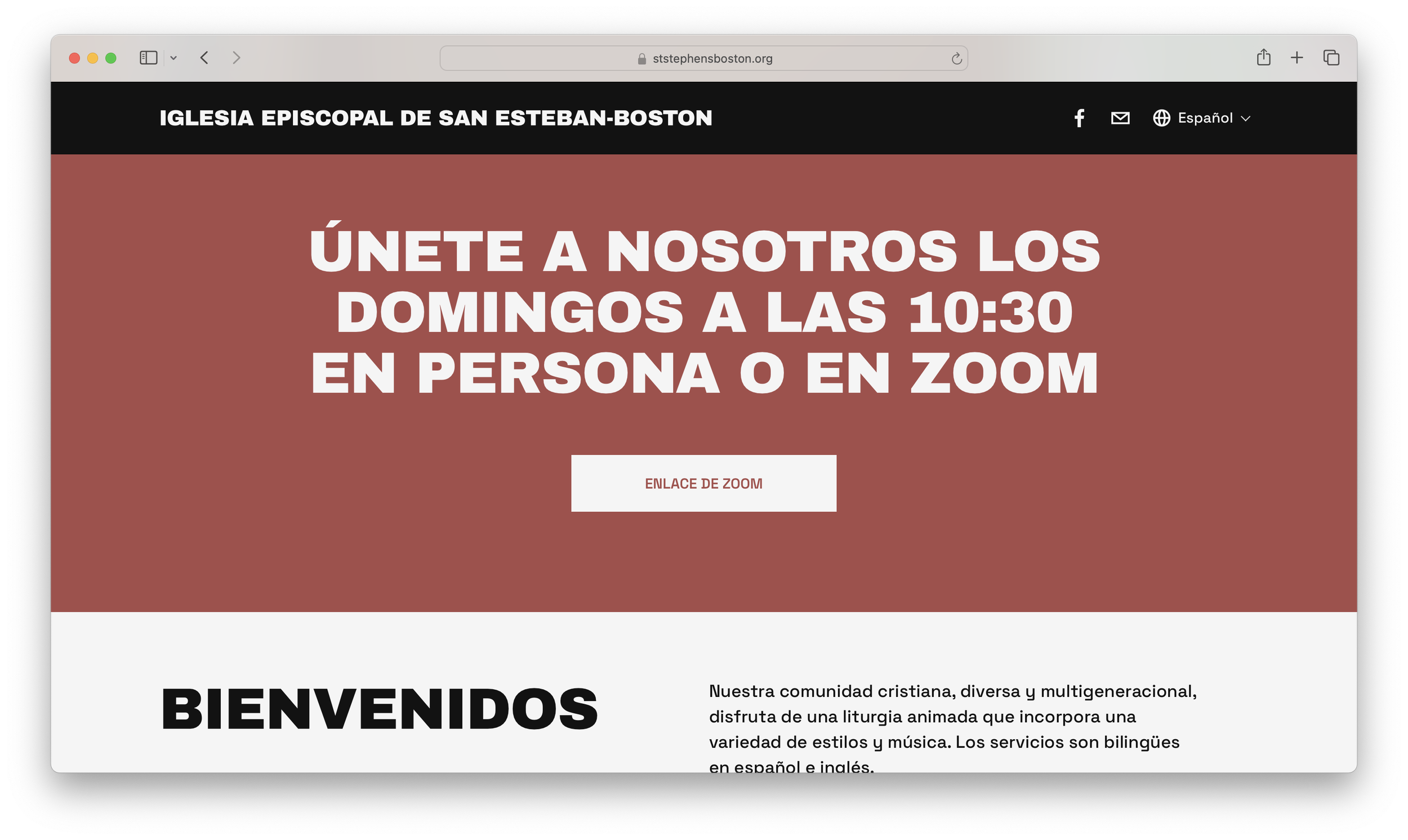 Screenshot of homepage for St. Stephen's with a black header, white text, and a large red banner announcing Sunday services at 10:30 am in person or on Zoom.