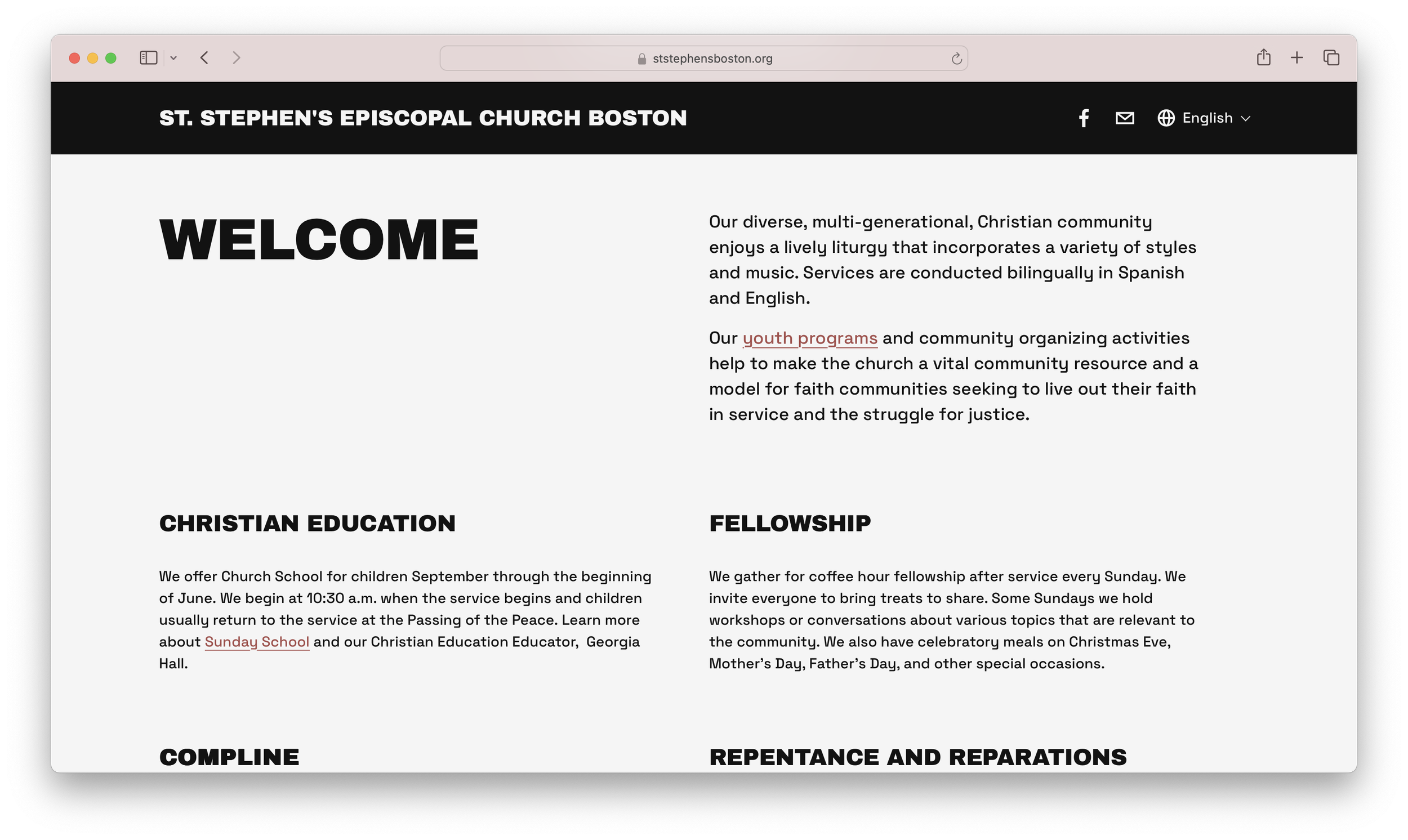 Screenshot of the homepage for St. Stephen's Episcopal Church Boston website, showing a welcome message and information about church programs, education, fellowship, and community activities.