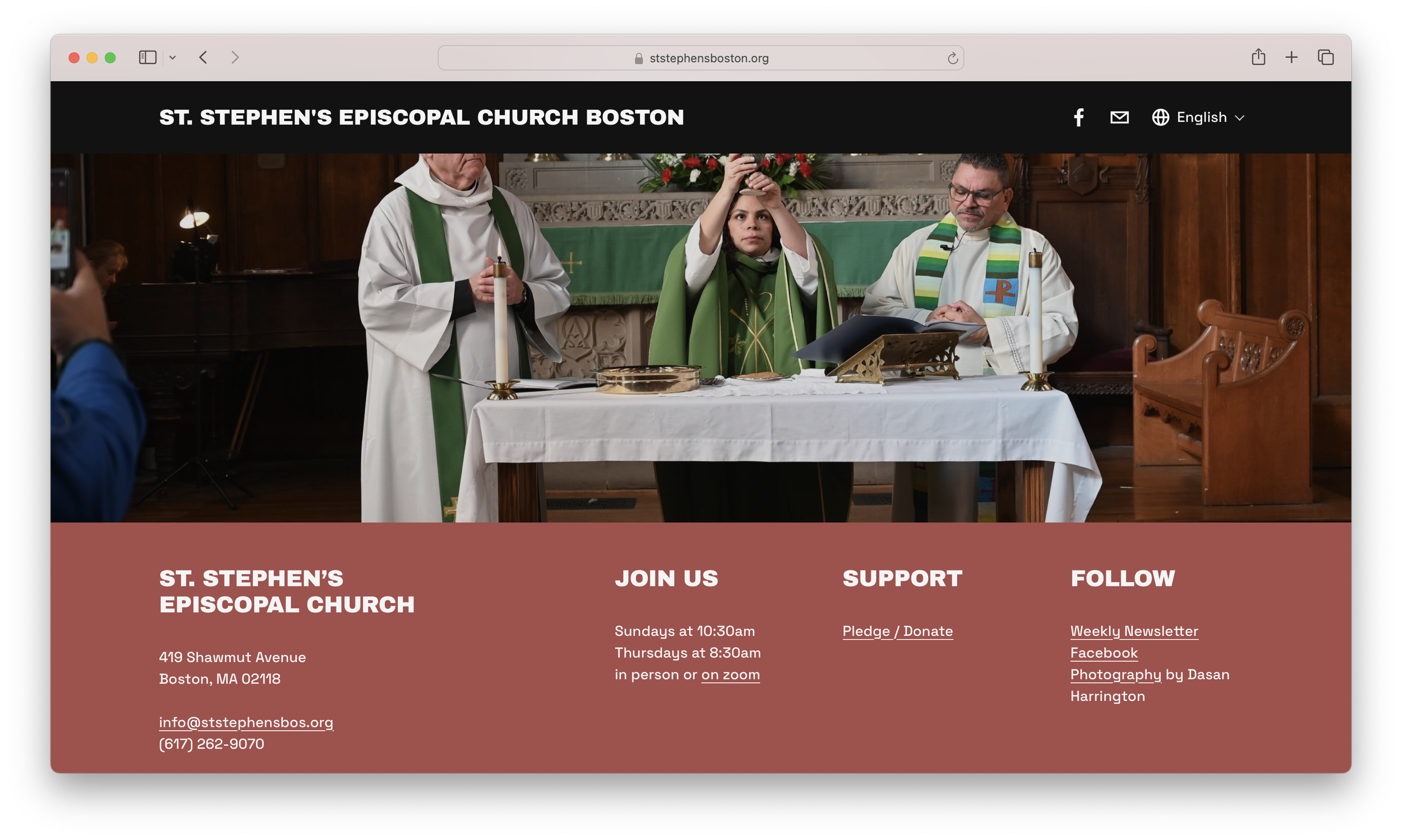Screenshot of the homepage for St. Stephen's Episcopal Church Boston featuring a church service with leadership at the altar.