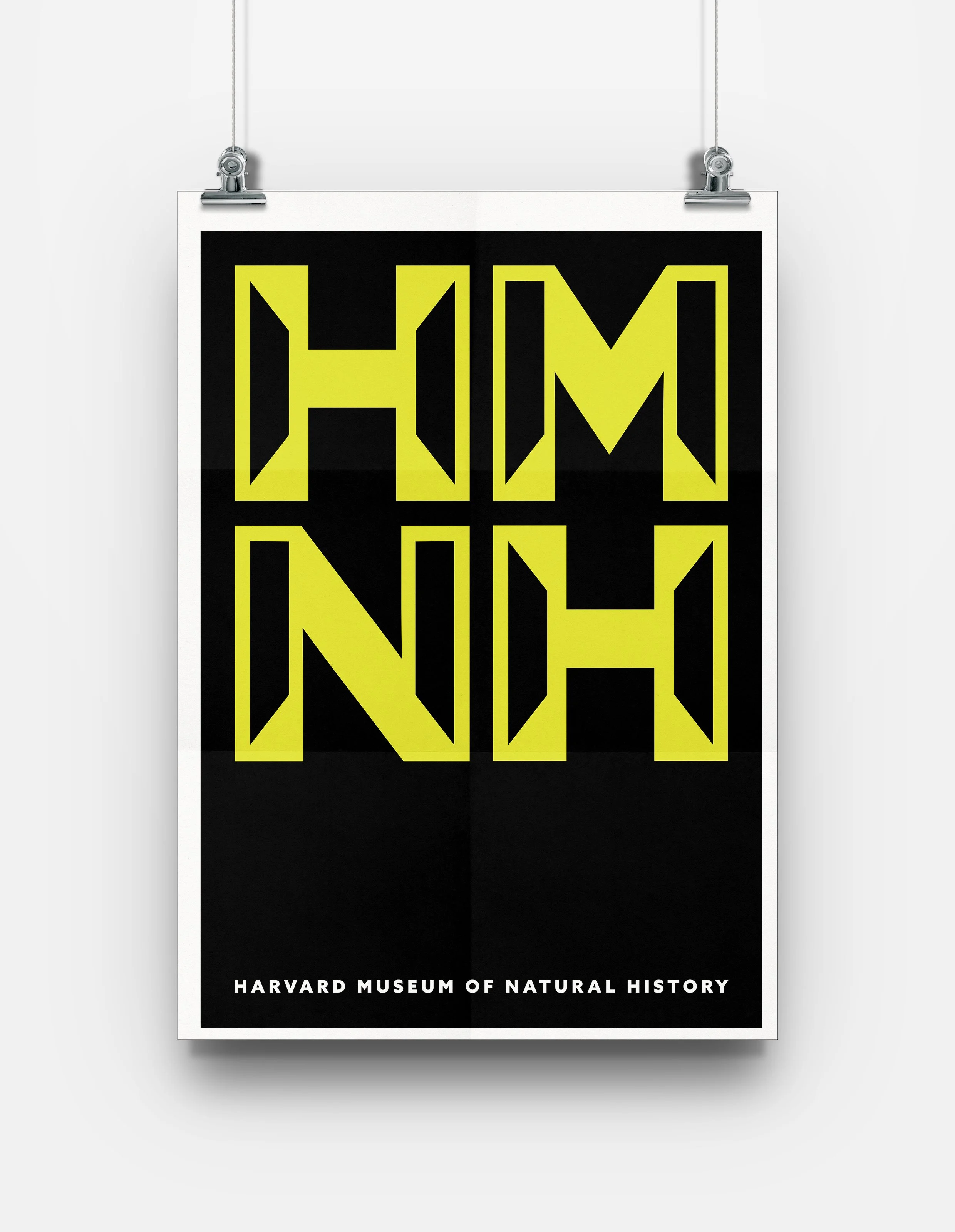 Poster for a natural history museum with abstract yellow geometric text on black background