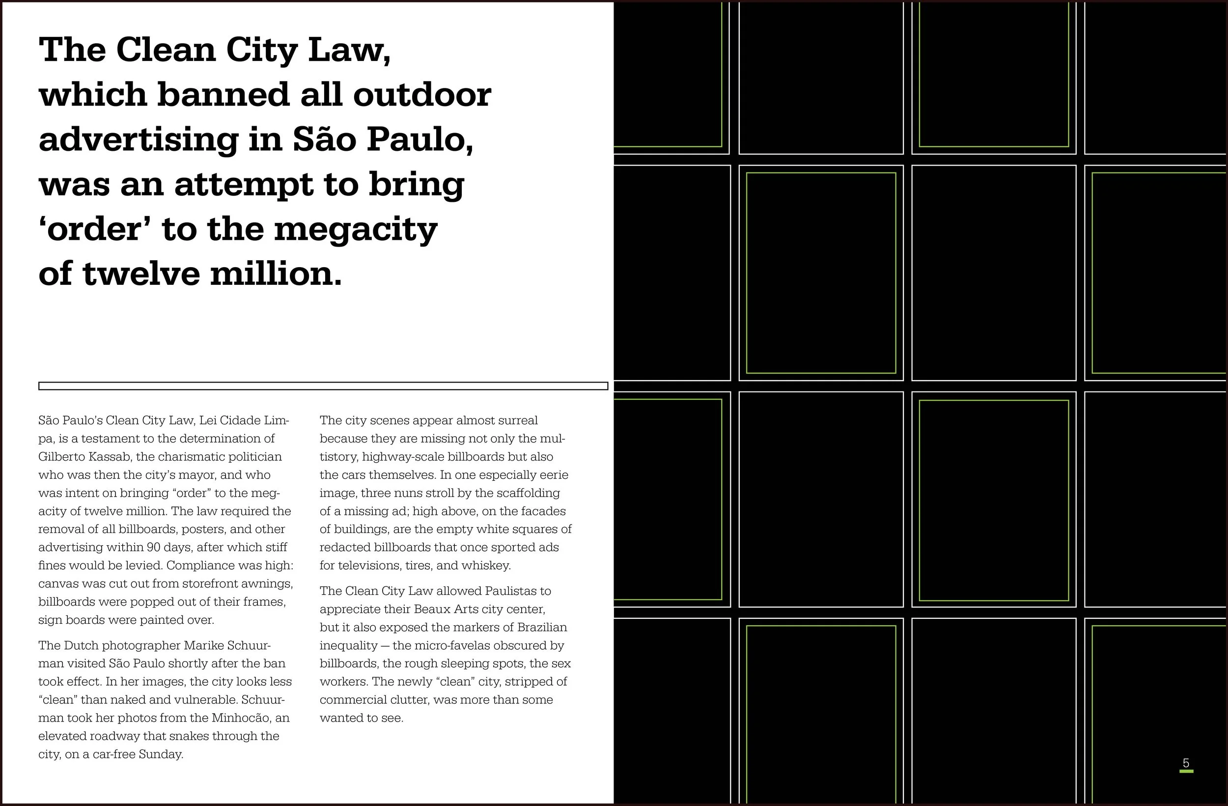 An open booklet with a white page on left with text around a "Clean City Law" and a pattern of precise rectangles on a black background on the right.