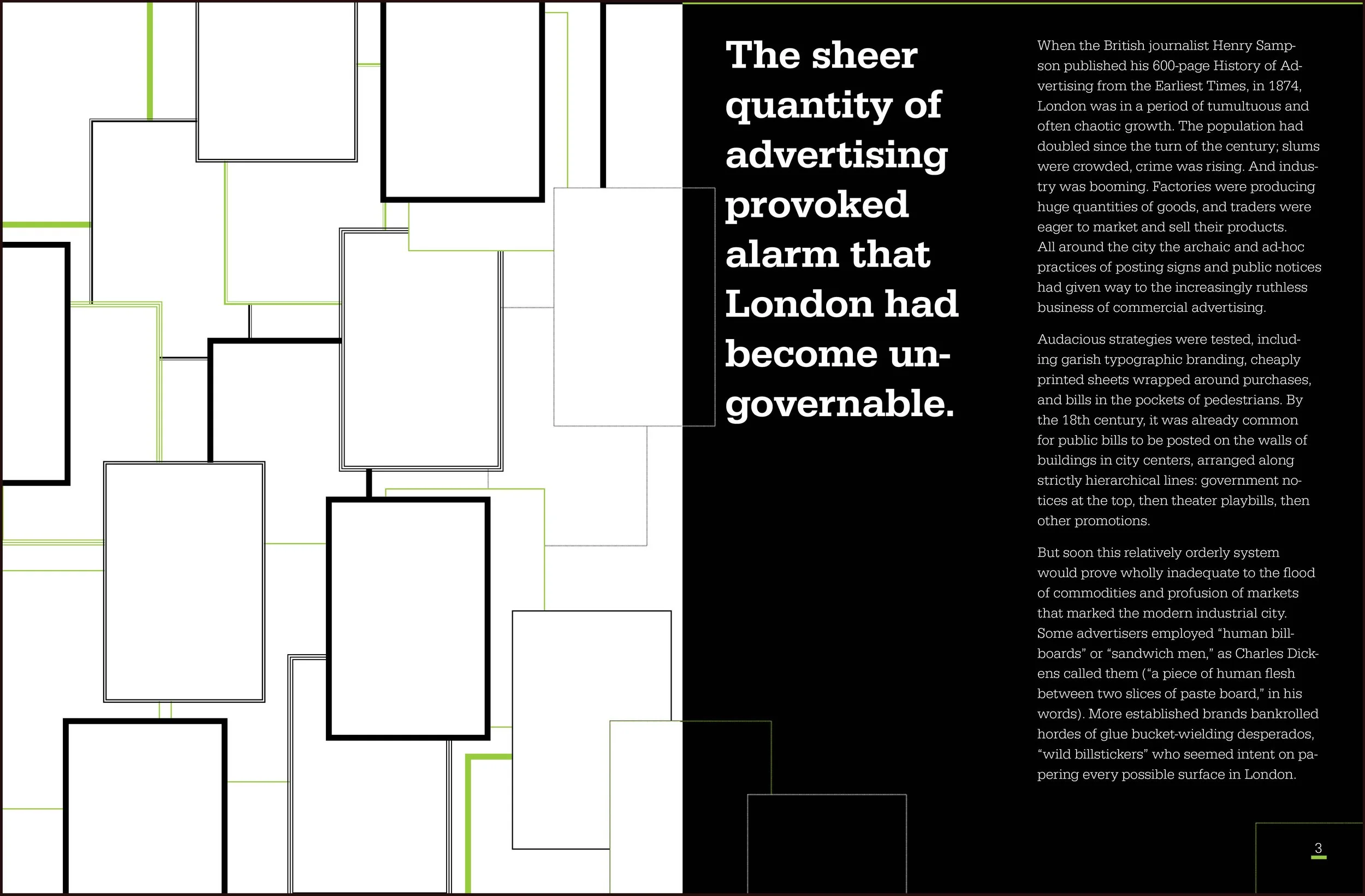 An open booklet with a black text box on the right containing a paragraph of text and multiple outlined rectangle diagrams on the left.