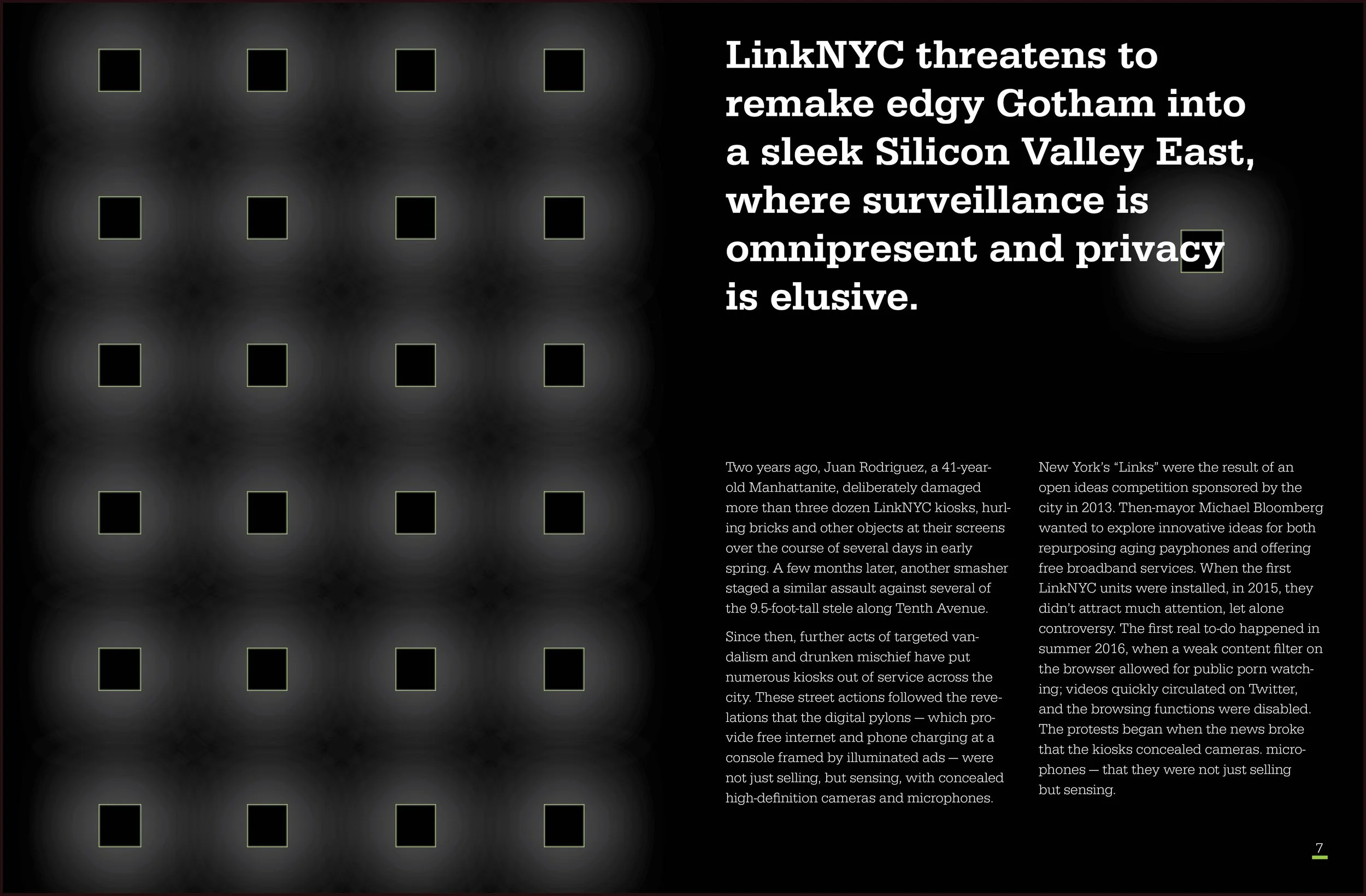 An open booklet discussing LinkNYC with the left page featuring a dark background with 15 squares and the right page containing text.