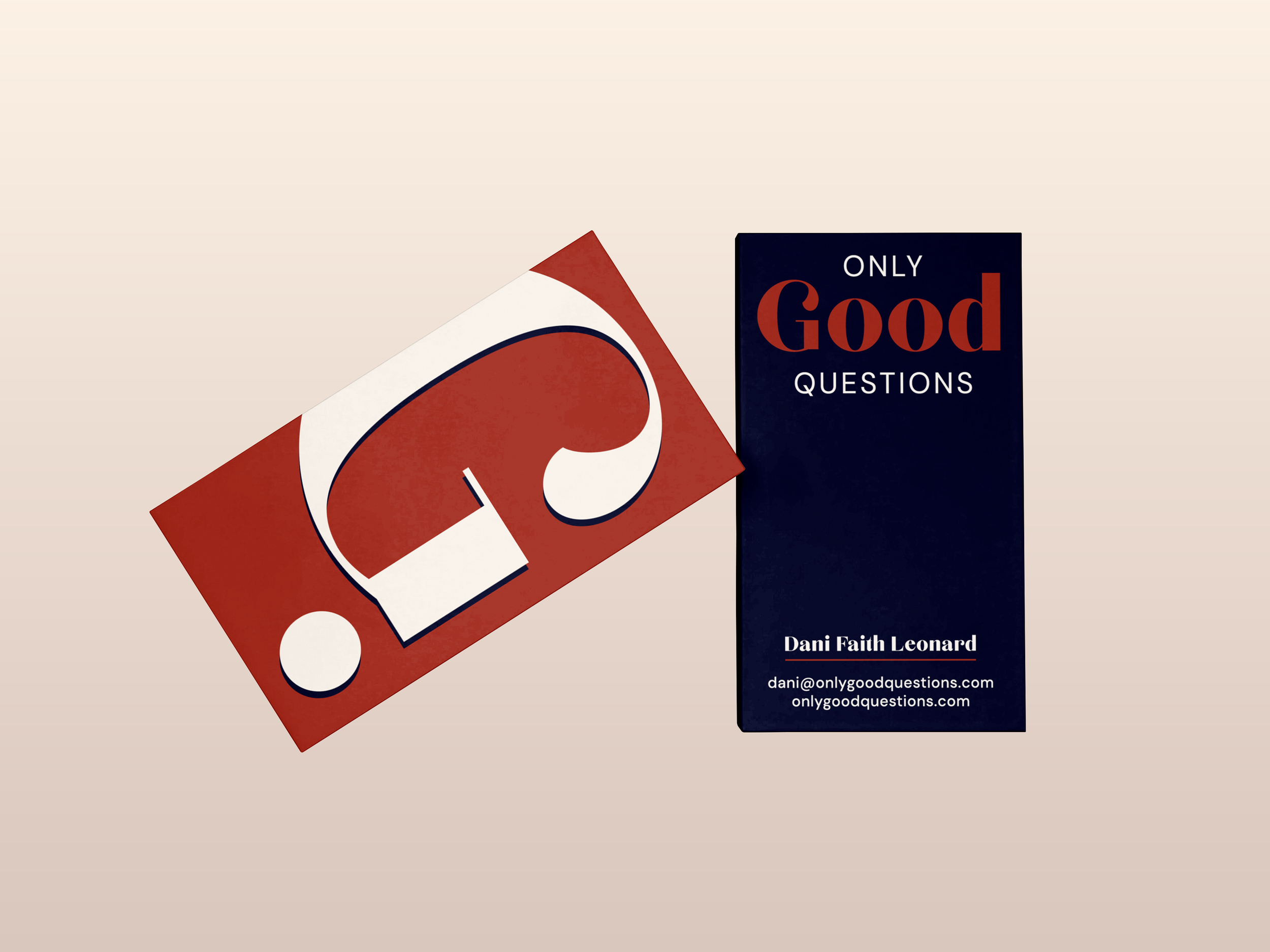 A business card for Dani Faith Leonard featuring the website dani@onlygoodquestions.com and onlygoodquestions.com and red and white text that reads "Only Good Questions."