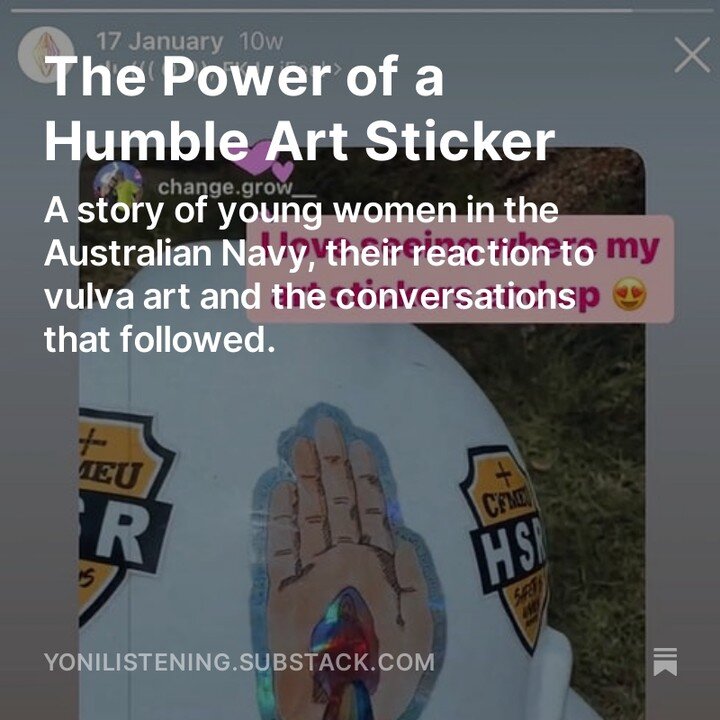 Latest Subby on the humble art sticker. I love seeing where my art travels and this story is a great one! Find out how young female naval recruits reacted to a vulva 'giving out rainbows!' And special thanks to @change.grow__ for sporting my hand of 