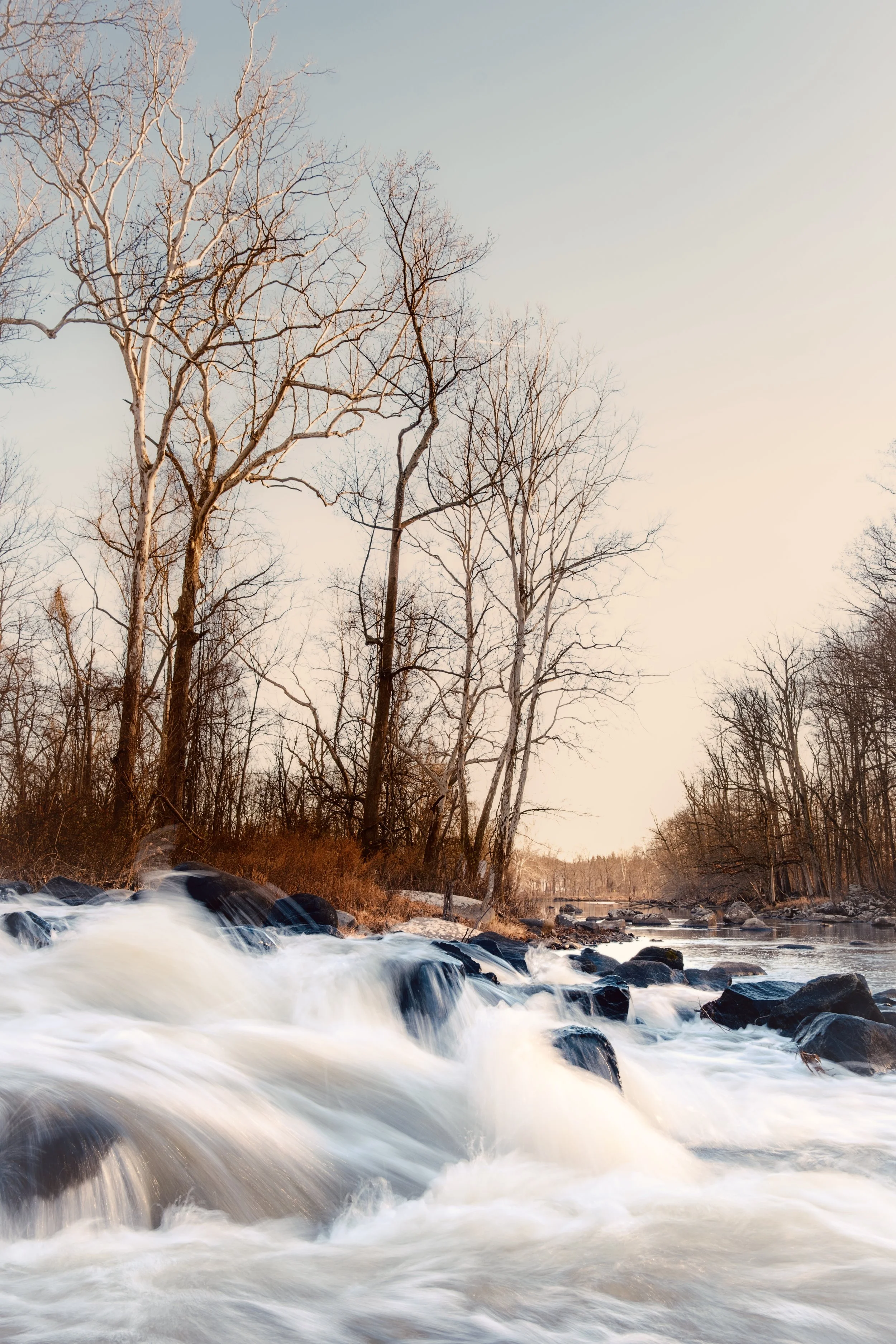 A river with rushing water flowing over rocks during a sunset or sunrise, with leafless trees along the riverbank and a clear sky.