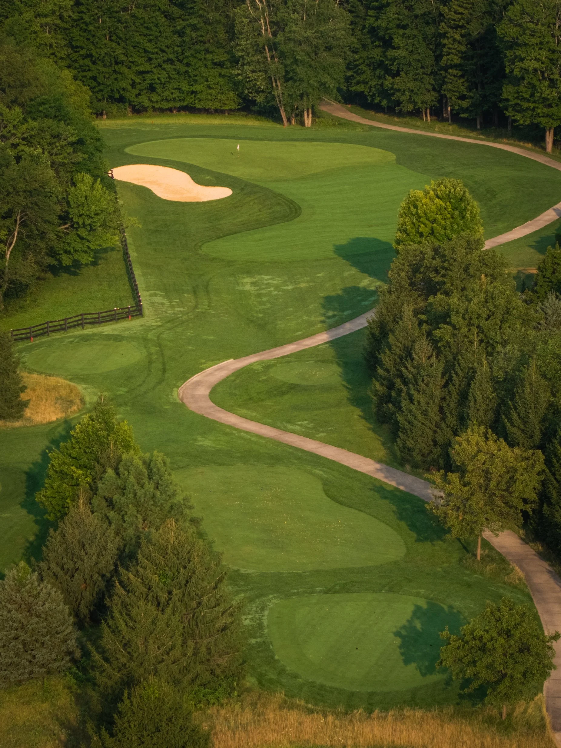 An aerial view of a golf course with a green surrounded by trees and a sand trap, a winding path, and lush grass.
