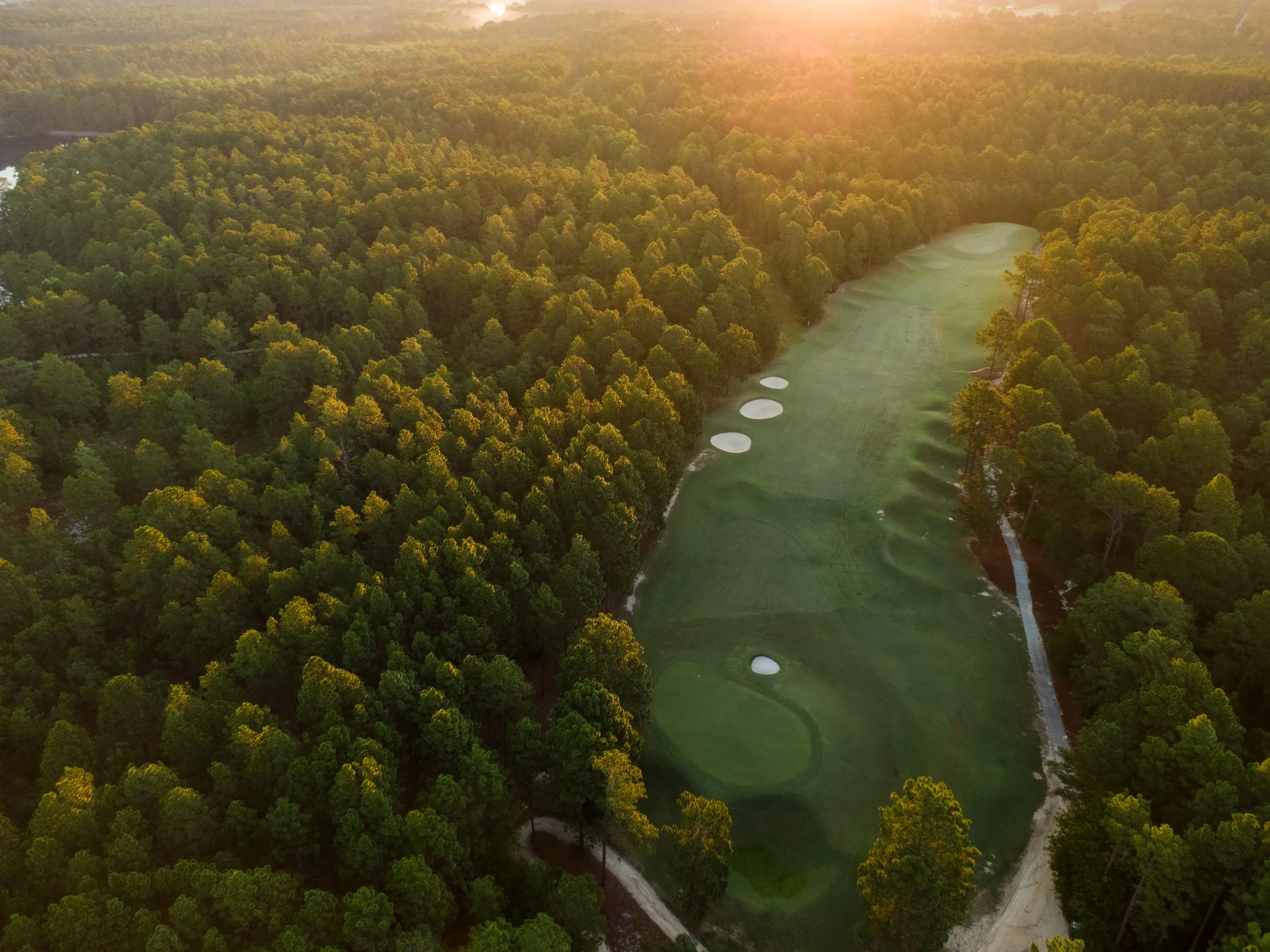 Aerial view of a golf course surrounded by dense forest with sand bunkers on the green, bathed in golden sunlight.