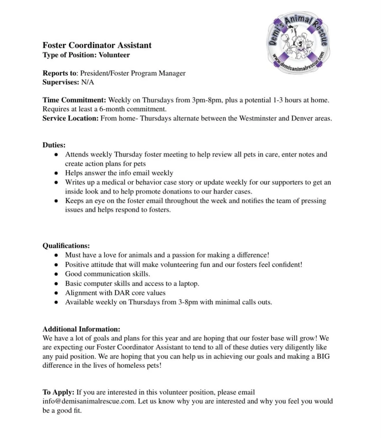 VOLUNTEER POSITION NEEDED! 
We are adding to our administrative foster team!

Kaylee Merritt (Medical Coordinator), Hope Garver (Medical Coordinator Assistant)and I, Demi Merritt (Foster Coordinator) make up our foster team. I am adding an assistant 