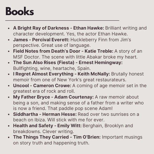 Each year I share the books, films and music that touched me. Here is 2025. Shoutouts to @ethanhawke @treble_booked @keithmcnallynyc @cameronbcrowe @adam.courtenay @problematique_fave @adam.nutter @cunninghamcharlie @wunderhorse_ @jessemarchant