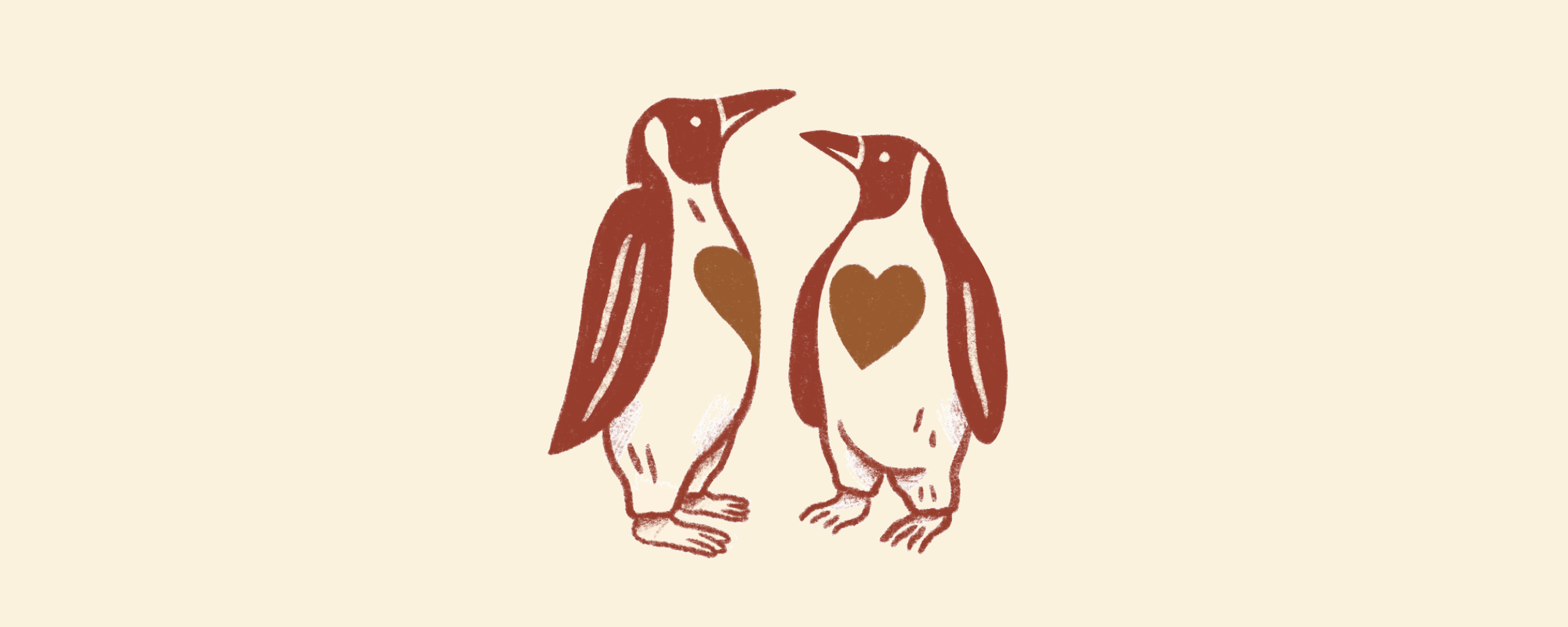 Illustration of two penguins facing each other with brown heart shapes on their chests, on a light background.