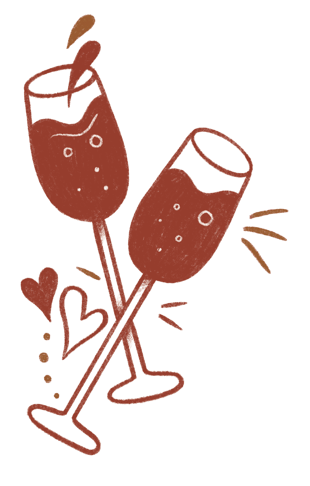 Outline drawing of two champagne glasses clinking, with small hearts and celebratory lines around them, symbolizing a toast or celebration.