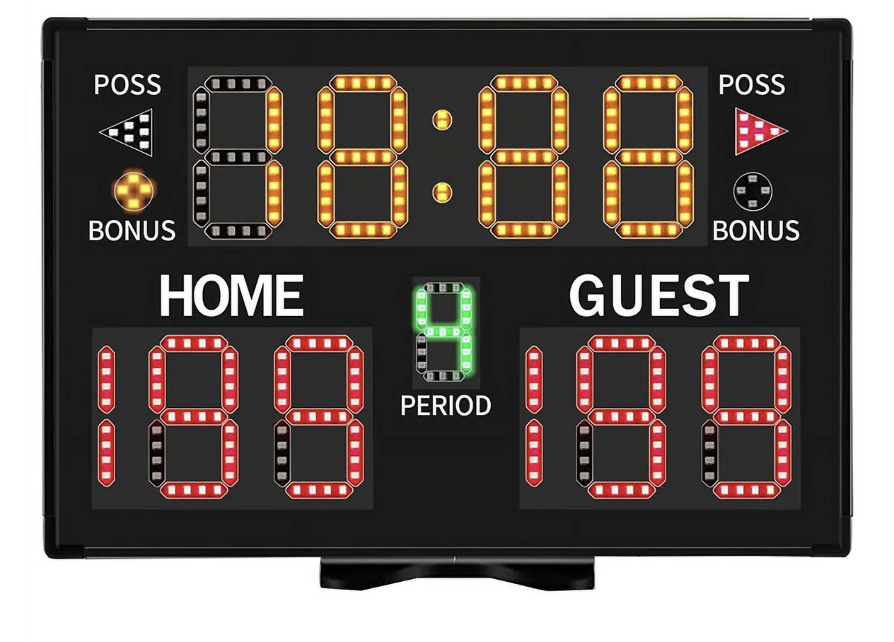 Digital scoreboard showing the game clock at 18 minutes and 55 seconds, the period at 1, the home score at 10, and the guest score at 10.