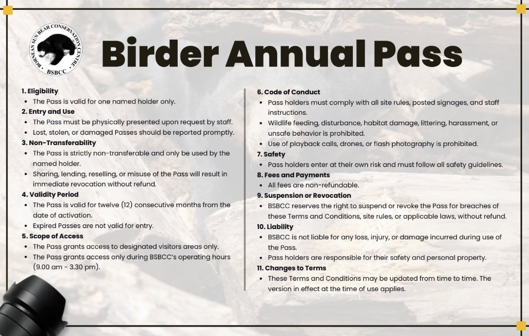 📢📢 Attention to bird enthusiast ‼️🦜

Now you can enjoy the privilege of birdwatching at our Centre at only MYR200/year (Malaysian), and MYR500/year (non Malaysian)! 🔭📸

BSBCC is not only famous for its bears, birders also flocked in to watch bir