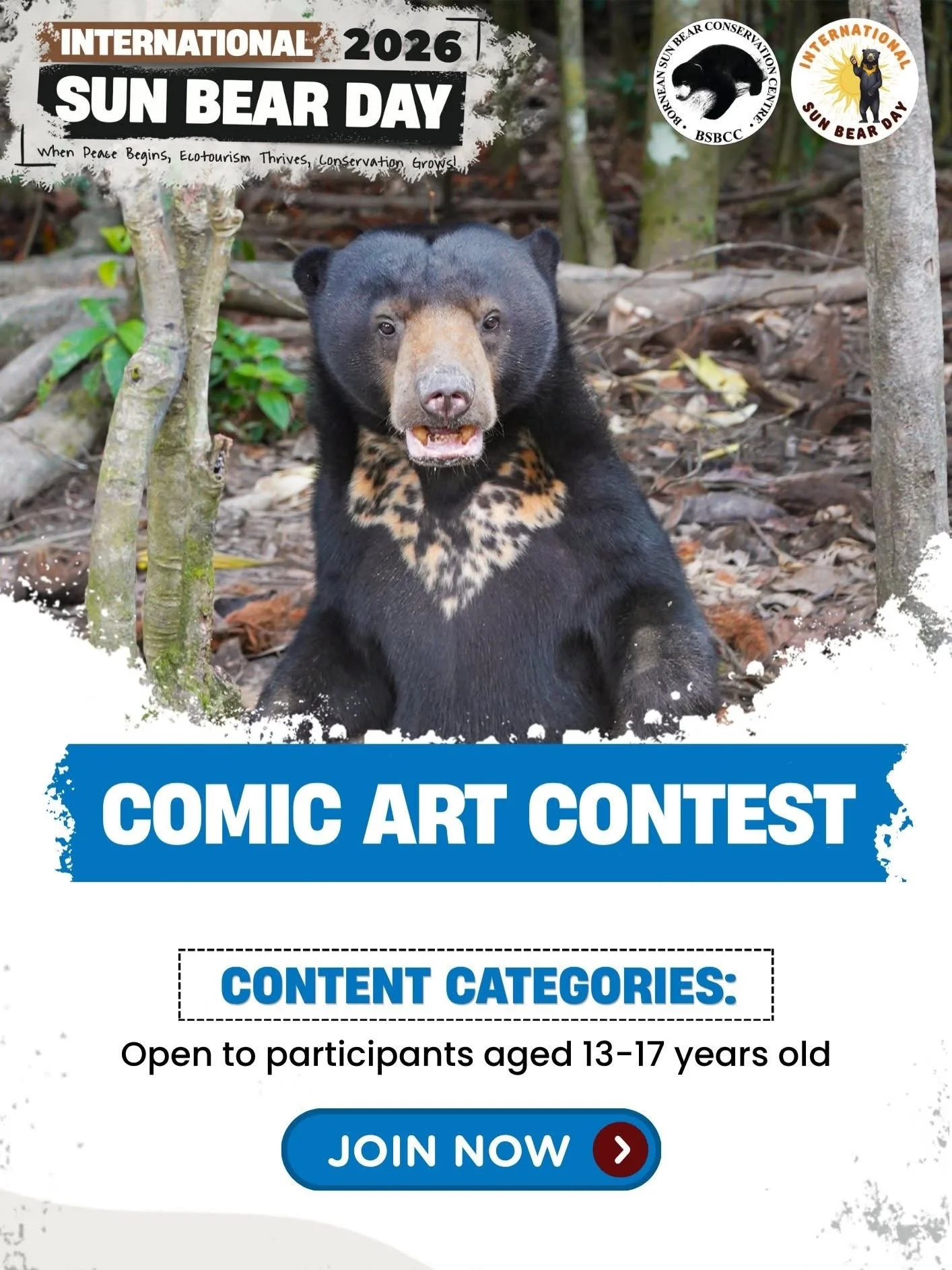 Calling all young creators! 

In conjunction with International Sun Bear Day 2026 (16 May), we&rsquo;re inviting teens aged 13&ndash;17 to join our Sun Bear Comic Art Contest 🐻🎨 

Got a story about sun bears to tell? Turn your ideas into a comic an