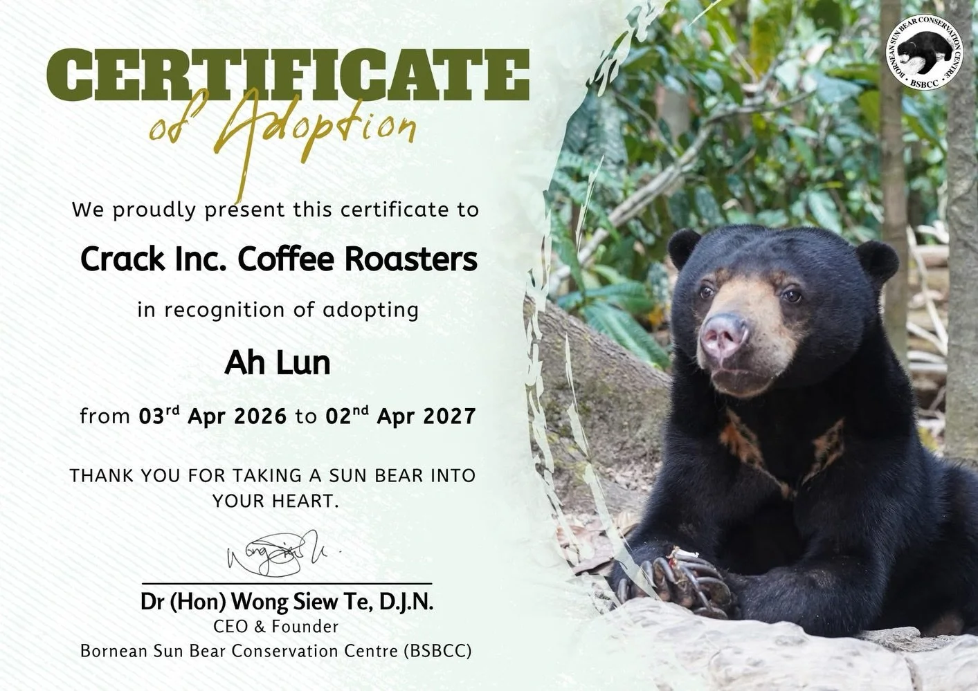 We are delighted to announce that Crack Inc. Coffee Roasters @crackinc.coffee has continued their adoption of Ah Lun the sun bear under the My Bear Adoption Programme. Their ongoing support plays a meaningful role in helping us provide the best possi
