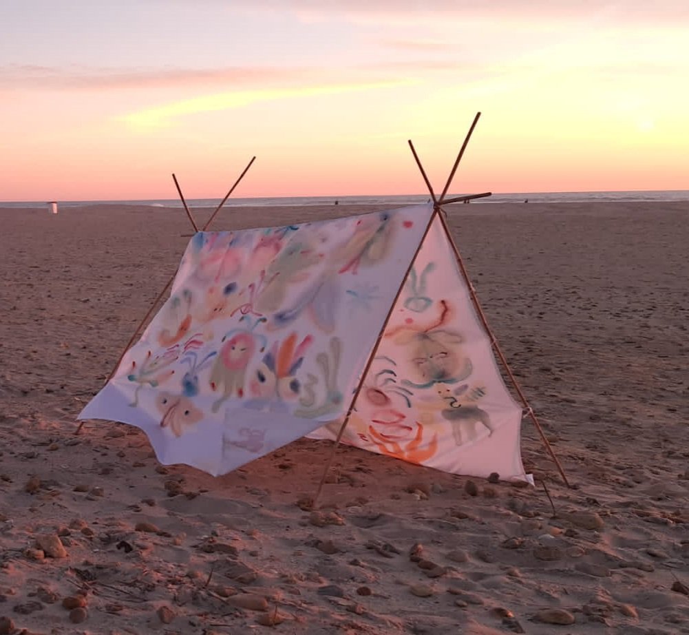 Tent for the Lost. 2023. Watercolor on Cotton, bamboo sticks