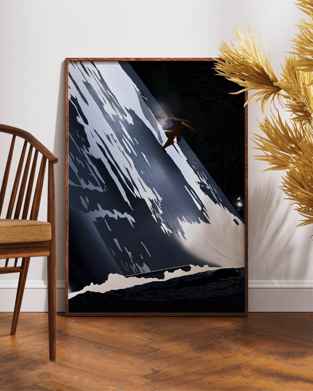 Illustration digitale inspirée du ski freestyle street, avec une ambiance urbaine.