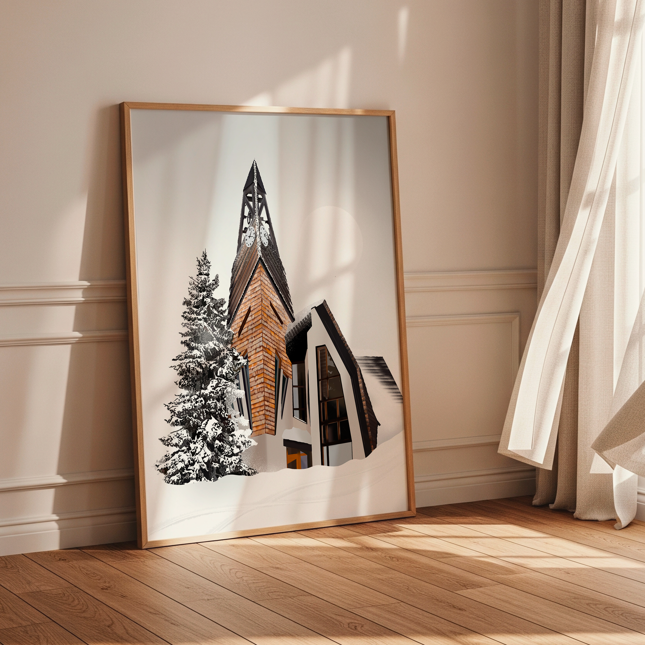 Illustration de l'église enneigée de Avoriaz, une station de ski dans les Alpes Francaises.