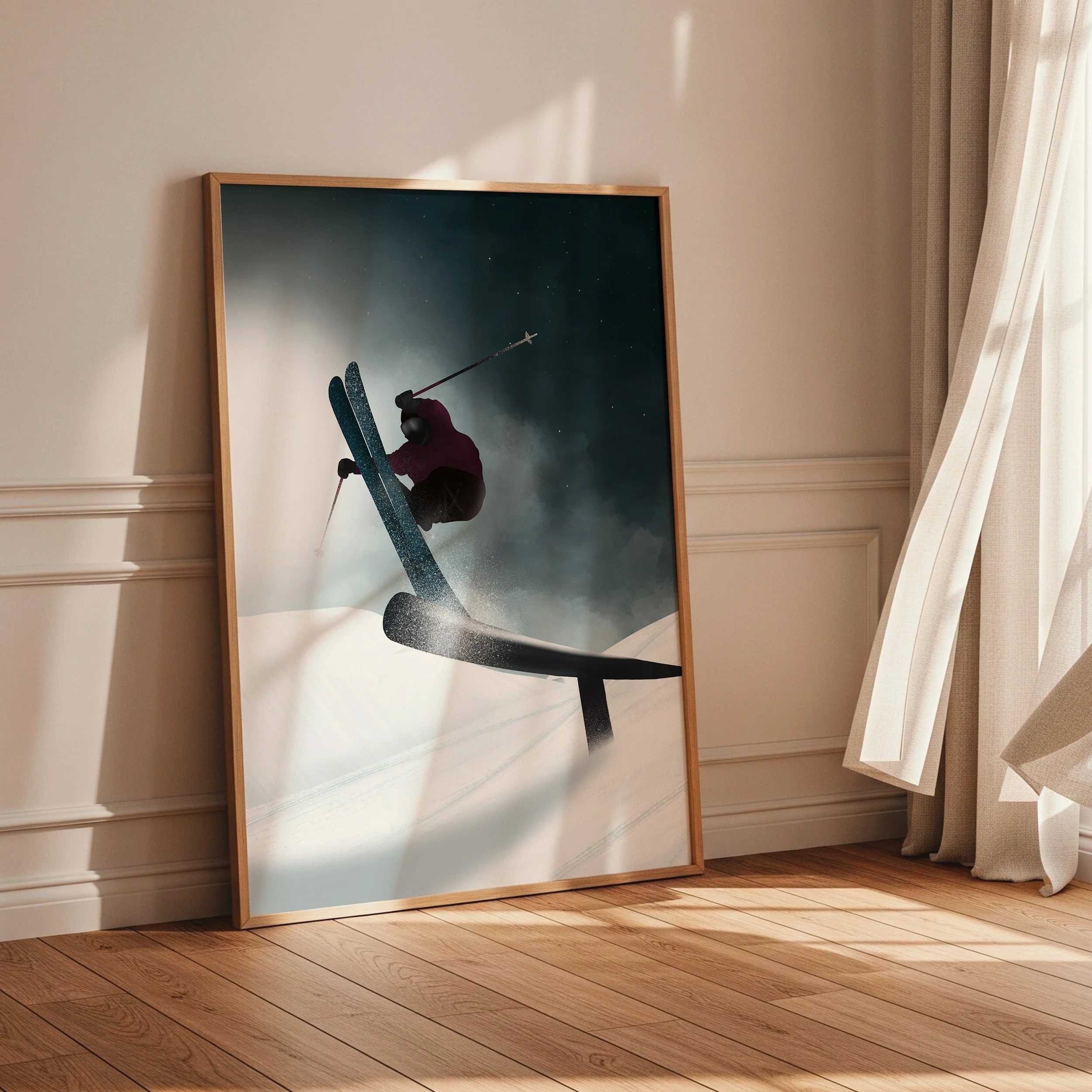 Skieur freestyle exécutant un trick sur un rail enneigé.