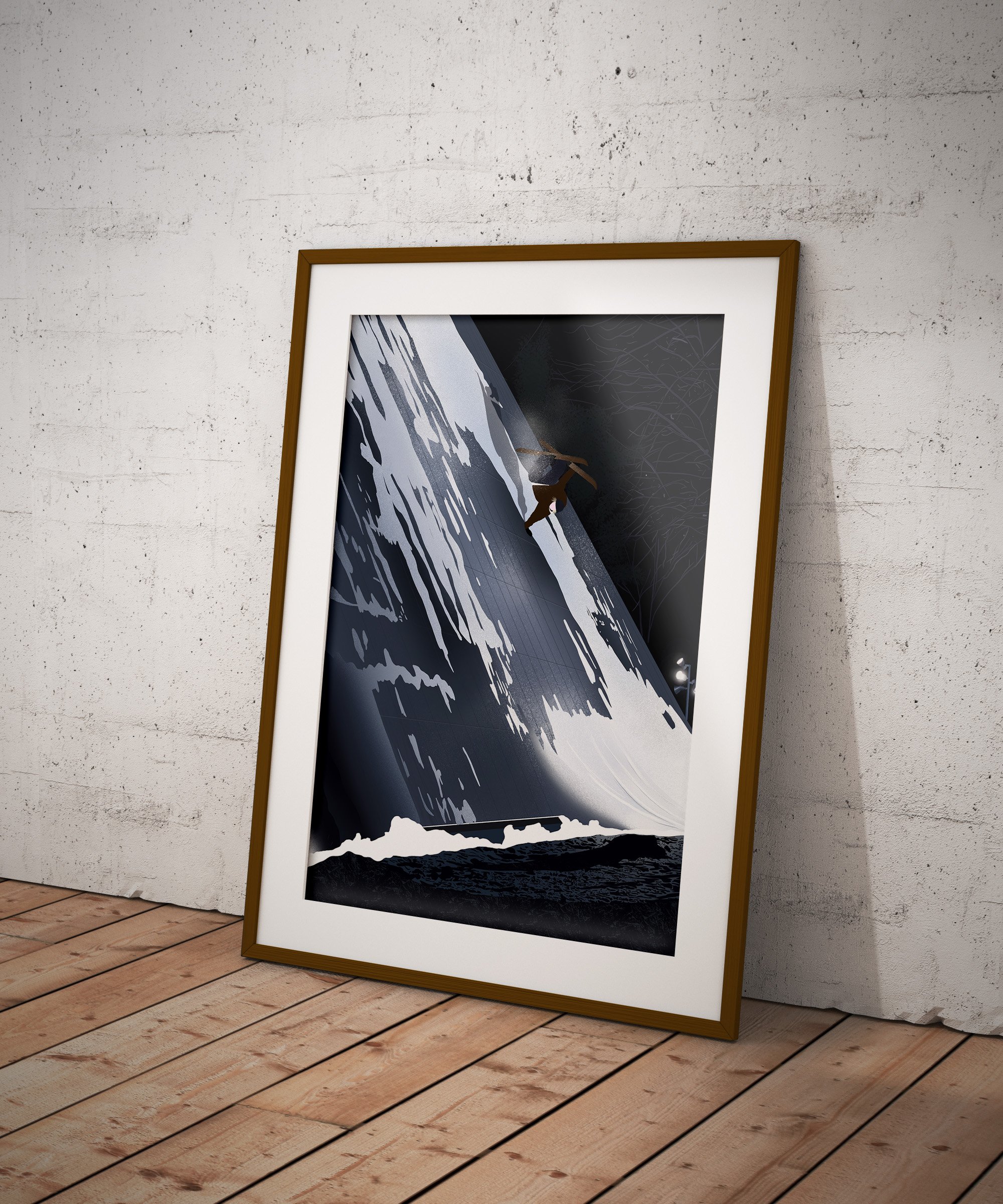 Illustration digitale inspirée du ski freestyle street, avec une ambiance urbaine.